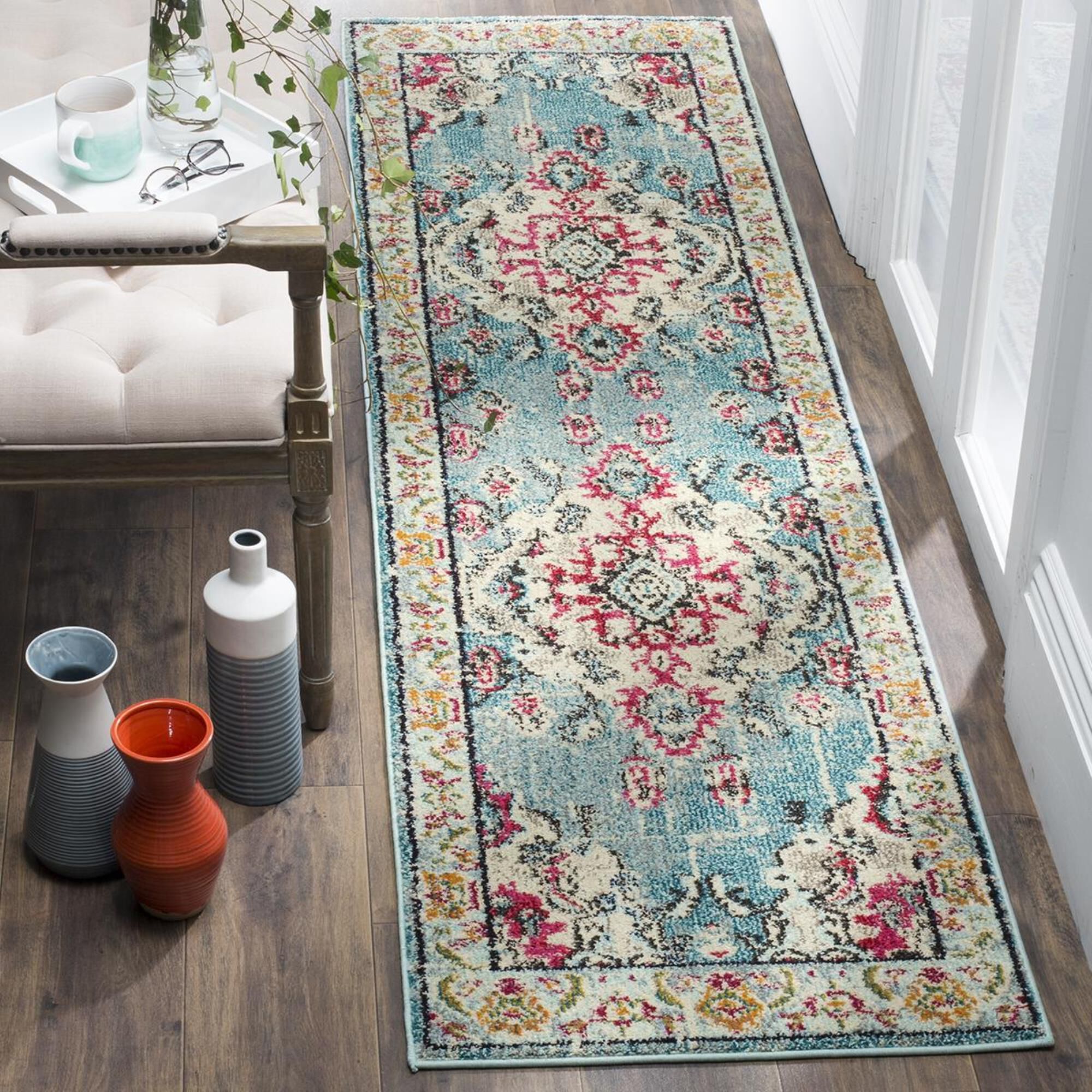 Safavieh Monaco MNC243J-220 2"2" x 20" Light Blue/Fuchsia Runner, , large