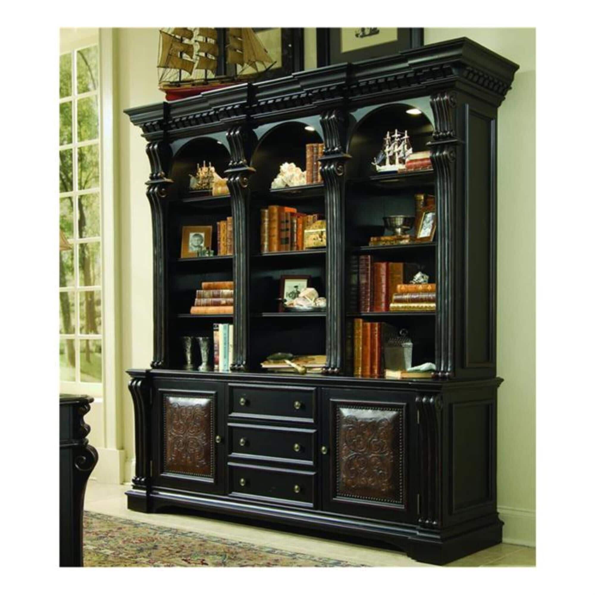Hooker Furniture Telluride Bookcase and Hutch in Black with Reddish Brown Rub-Through, , large