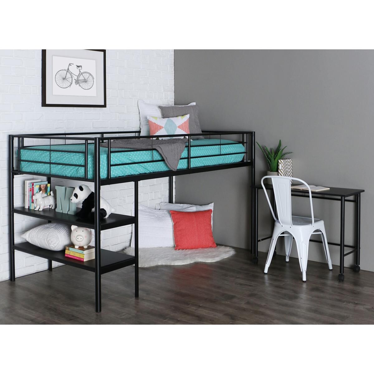 Walker Edison Twin Loft Bed and Desk in Black, , large