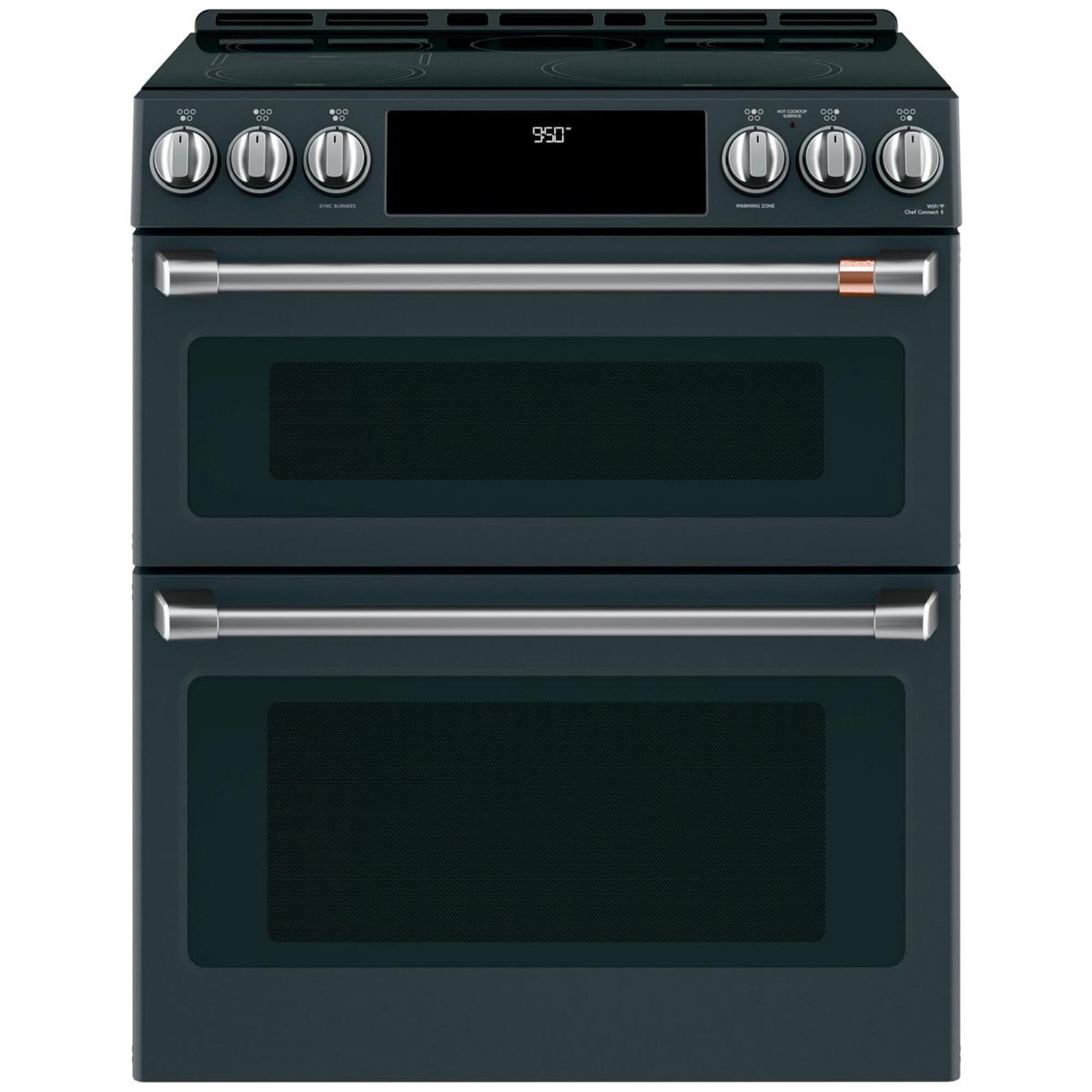 Cafe 30" Slide-In Front Control Induction and Convection Double Oven Range in Matte Black With Brushed Stainless Handles and Control Knobs, , large
