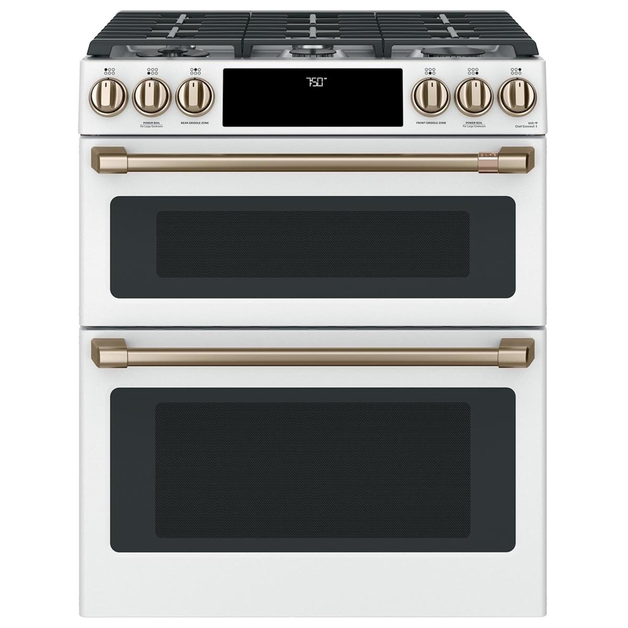 Cafe 30" Slide-In Gas Double Oven with Convection Range in Matte White with Brushed Bronze Handle, , large