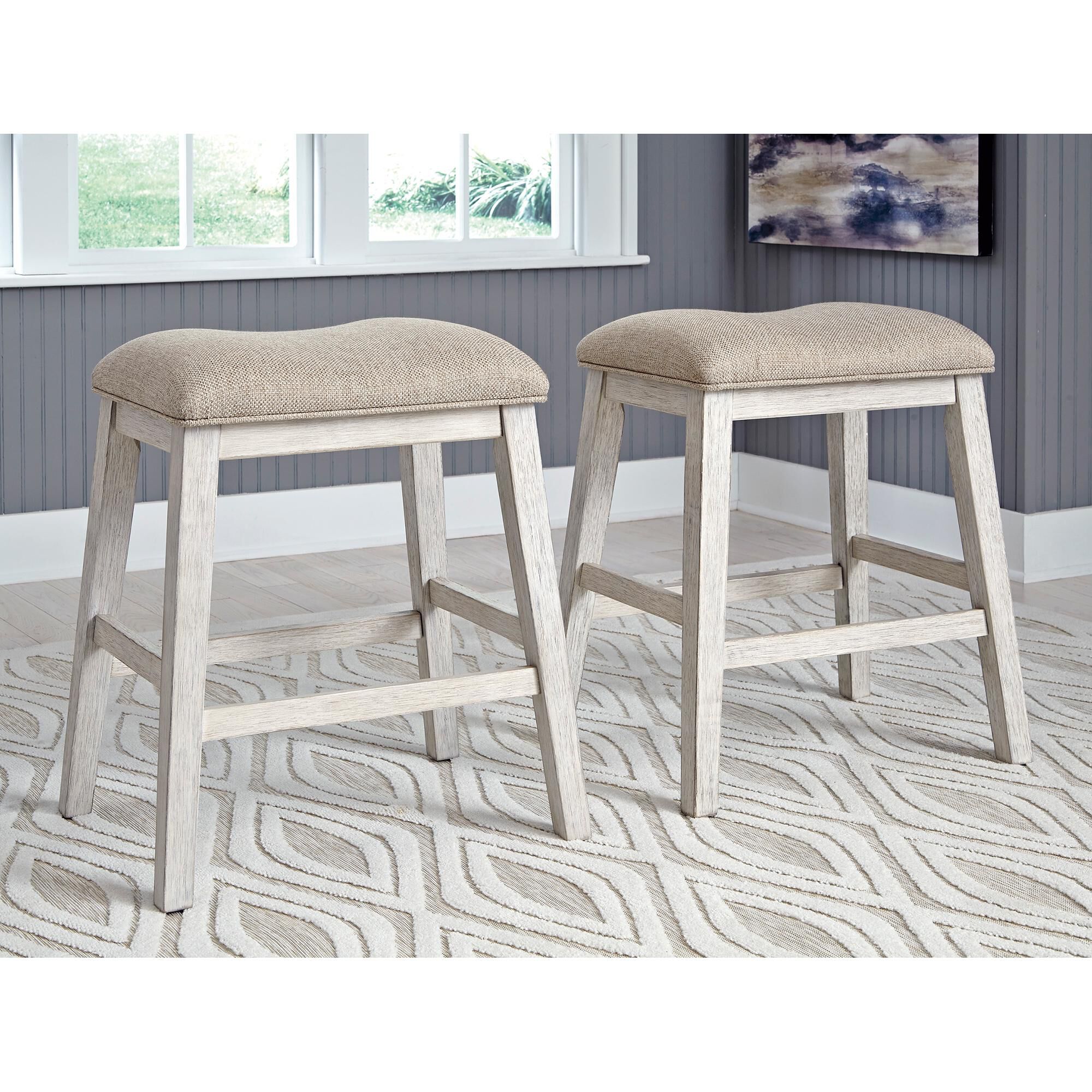 Signature Design by Ashley Skempton Upholstered Counter Stool in Distressed White and Light Brown, , large