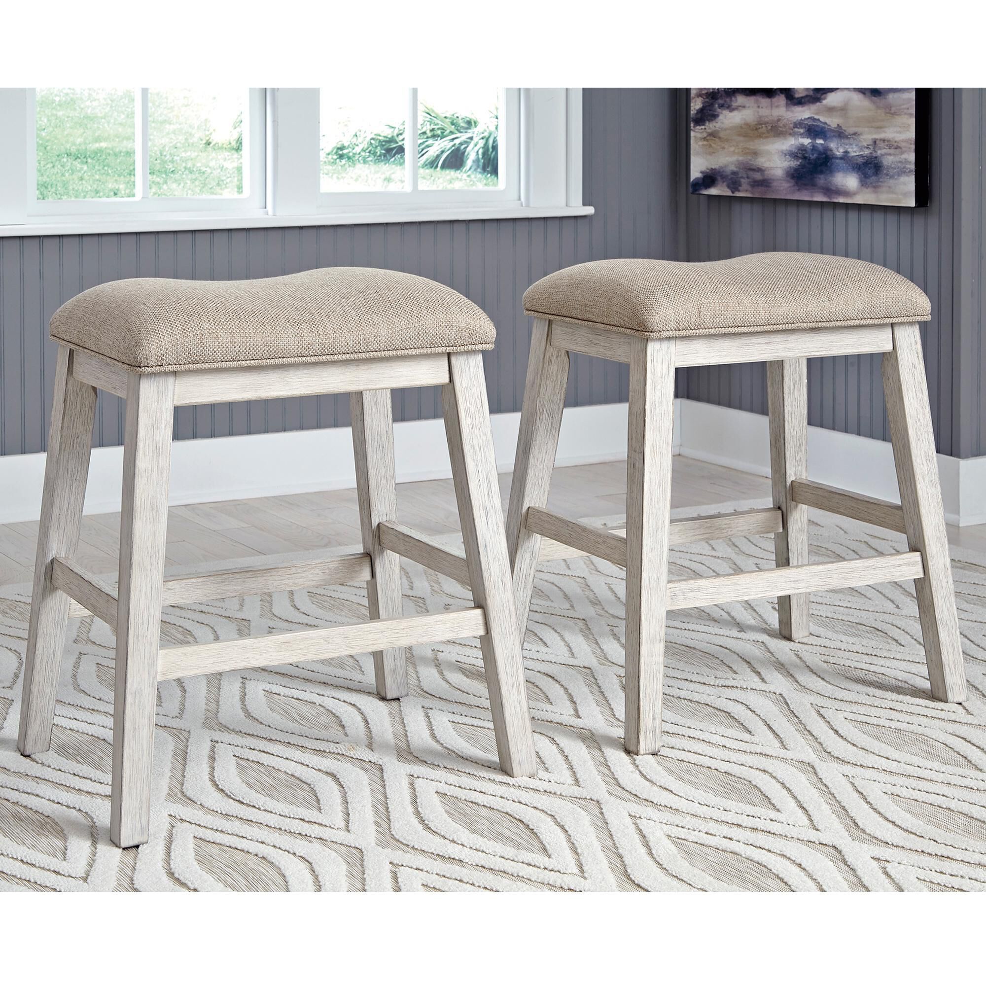 Signature Design by Ashley Skempton Upholstered Counter Stool in Distressed White and Light Brown (Set of 2), , large