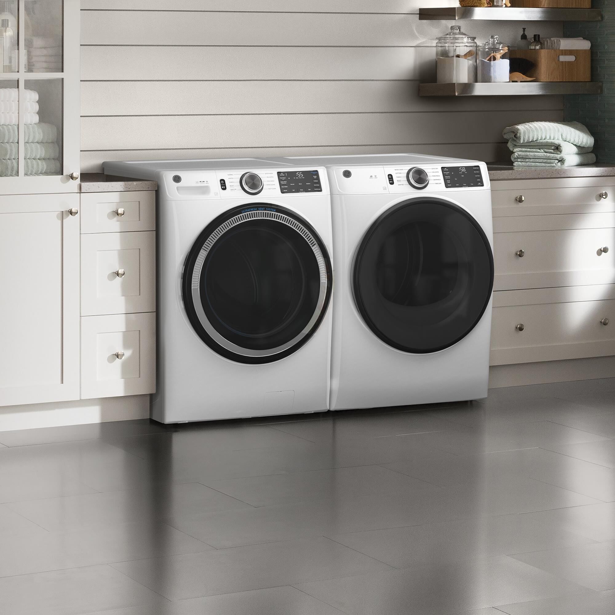 GE Appliances 4.8 Cu. Ft. Front Load Washer and 7.8 Cu. Ft. Electric Dryer Laundry Pair in White, , large