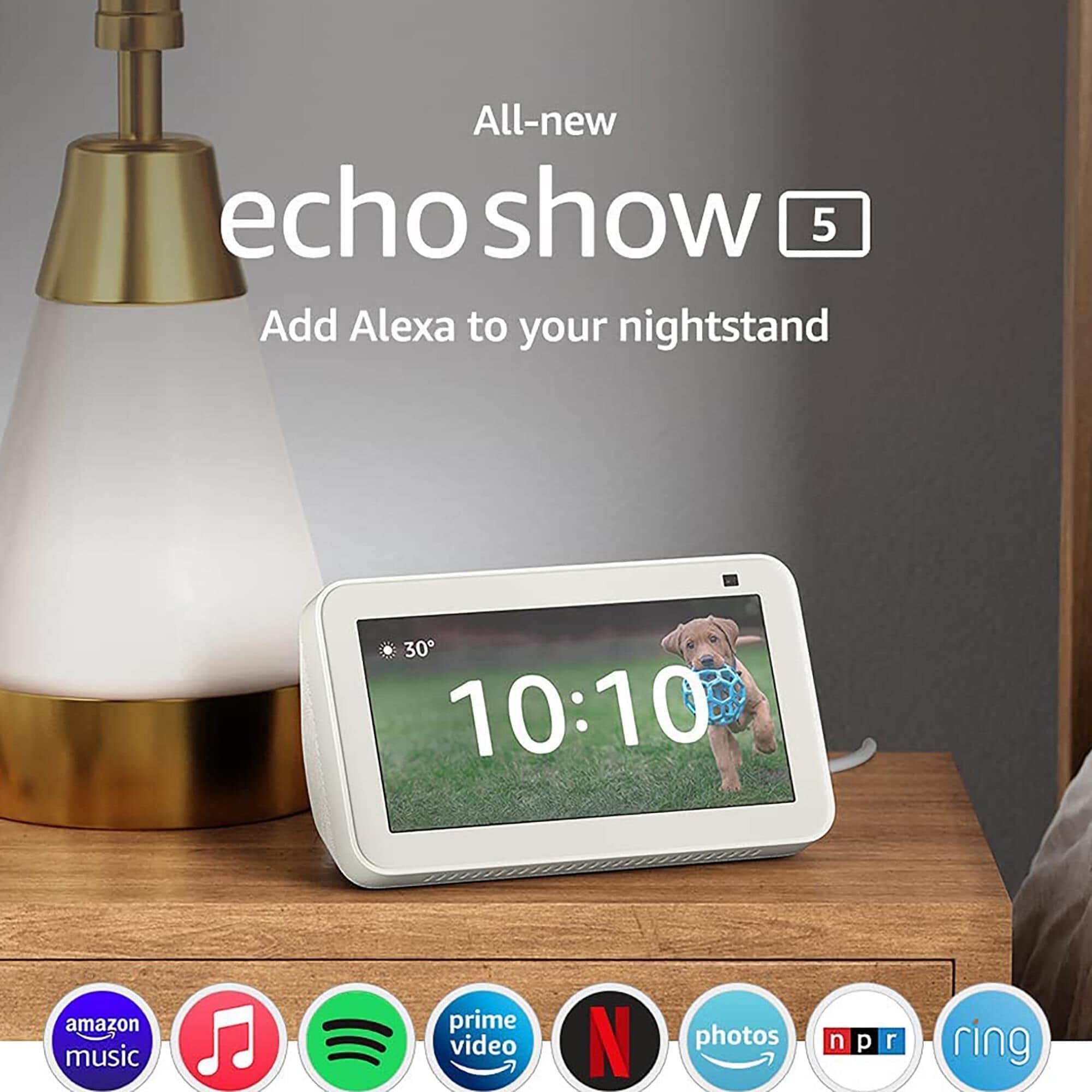Ring Floodlight Cam Wired Plus in White + Amazon Echo Show 5 Smart Display with Alexa and 2 MP Camera in Glacier White (2nd Generation), , large