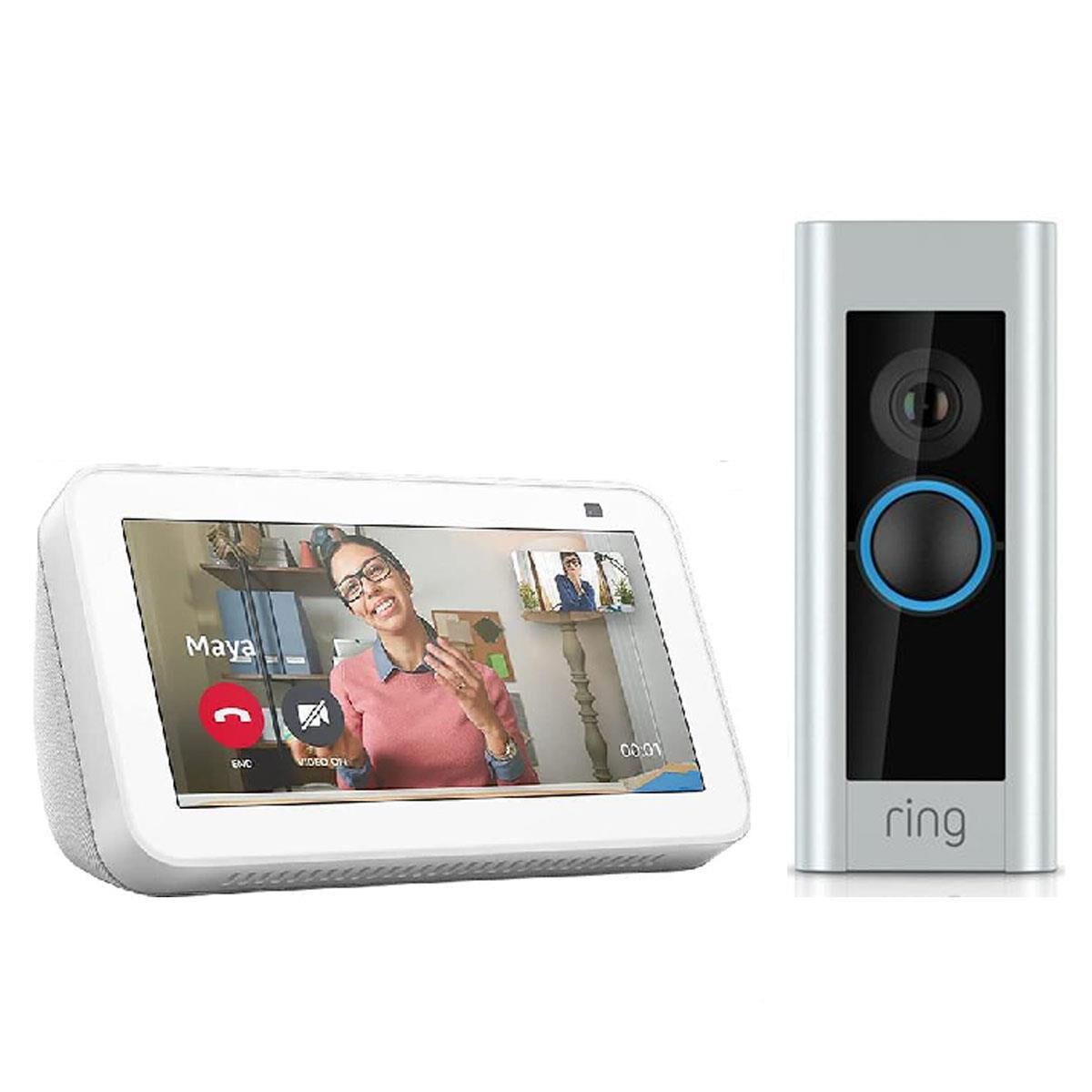 Ring Video Doorbell Pro Smart Wi-Fi in Satin Nickel + Amazon Echo Show 5 Smart Display with Alexa and 2 MP Camera in Glacier White (2nd Generation), , large