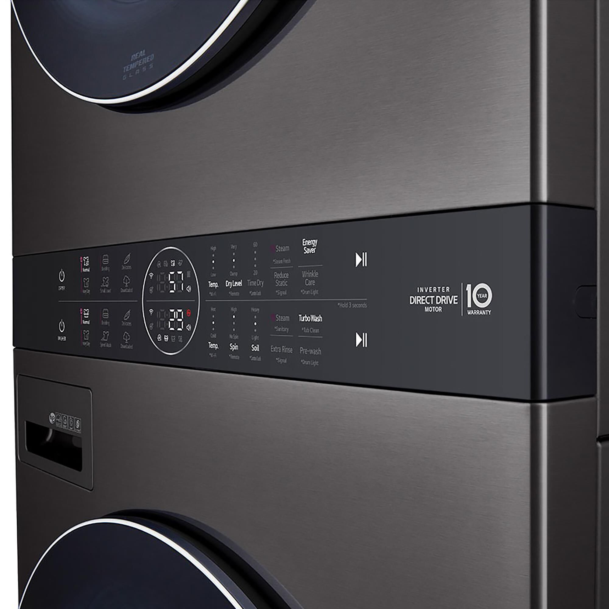 LG Single Unit Front Load LG WashTower with Center Control 4.5 Cu. Ft. Washer and 7.4 Cu. Ft. Gas Dryer in Black Stainless Steel, , large