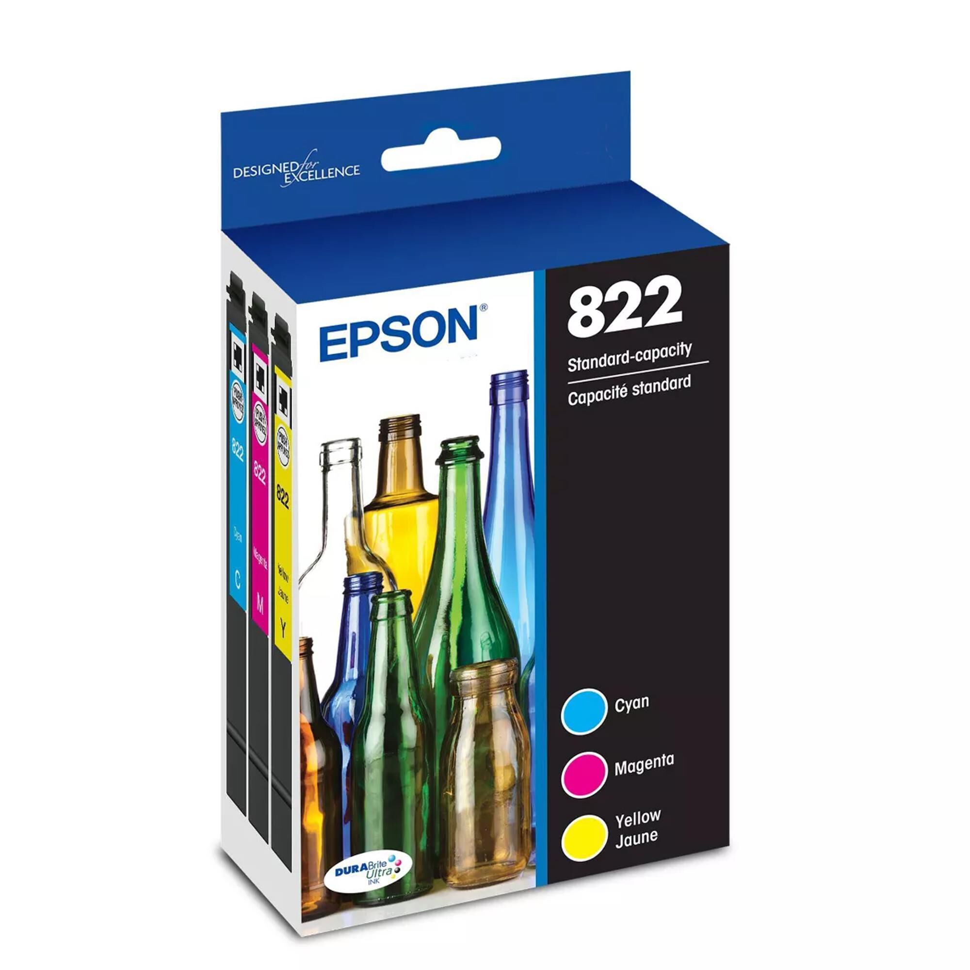 Epson DURABrite T822 Ultra Standard Capacity Ink Cartridges in Cyan, Magenta and Yellow (Pack of 3)