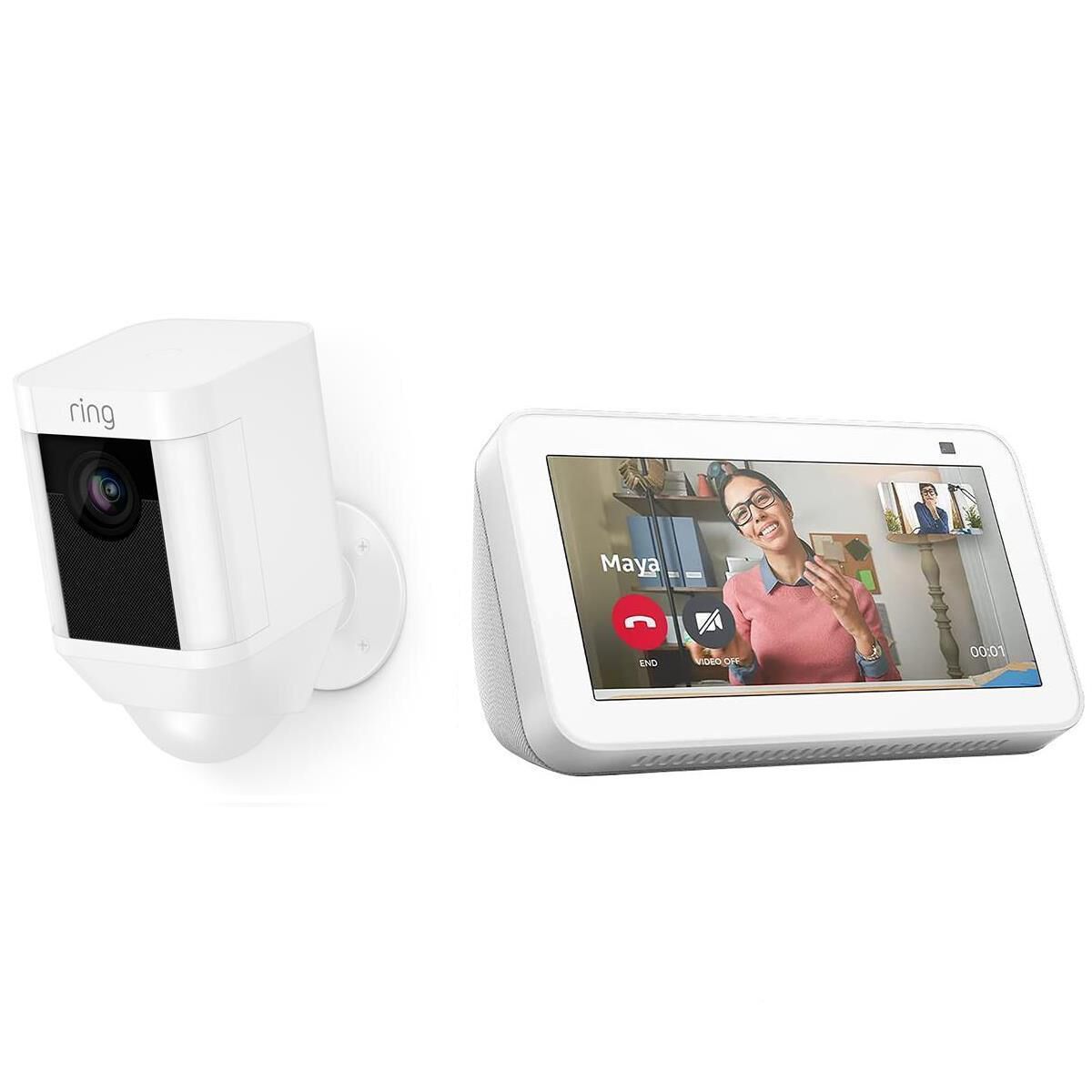 Ring Spotlight Cam Battery Powered in White + Amazon Echo Show 5 Smart Display with Alexa in Glacier White, , large