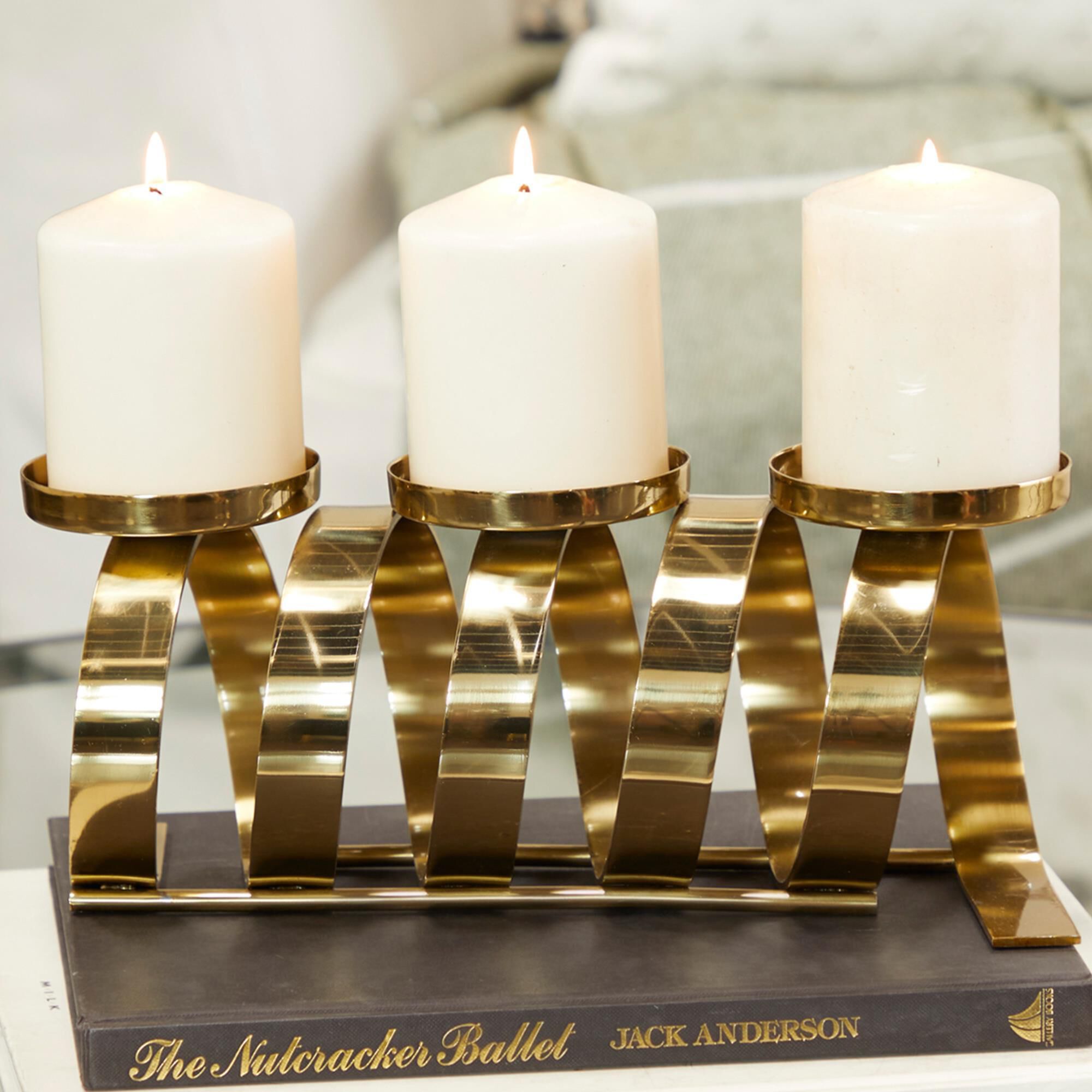 Maple and Jade Contemporary 3-Pillar Twisted Metal Candle Holder in Gold, , large