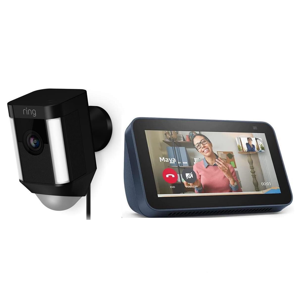 Ring Spotlight Cam Wired in Black with Deep Sea Blue Echo Show 5 Smart Display, , large