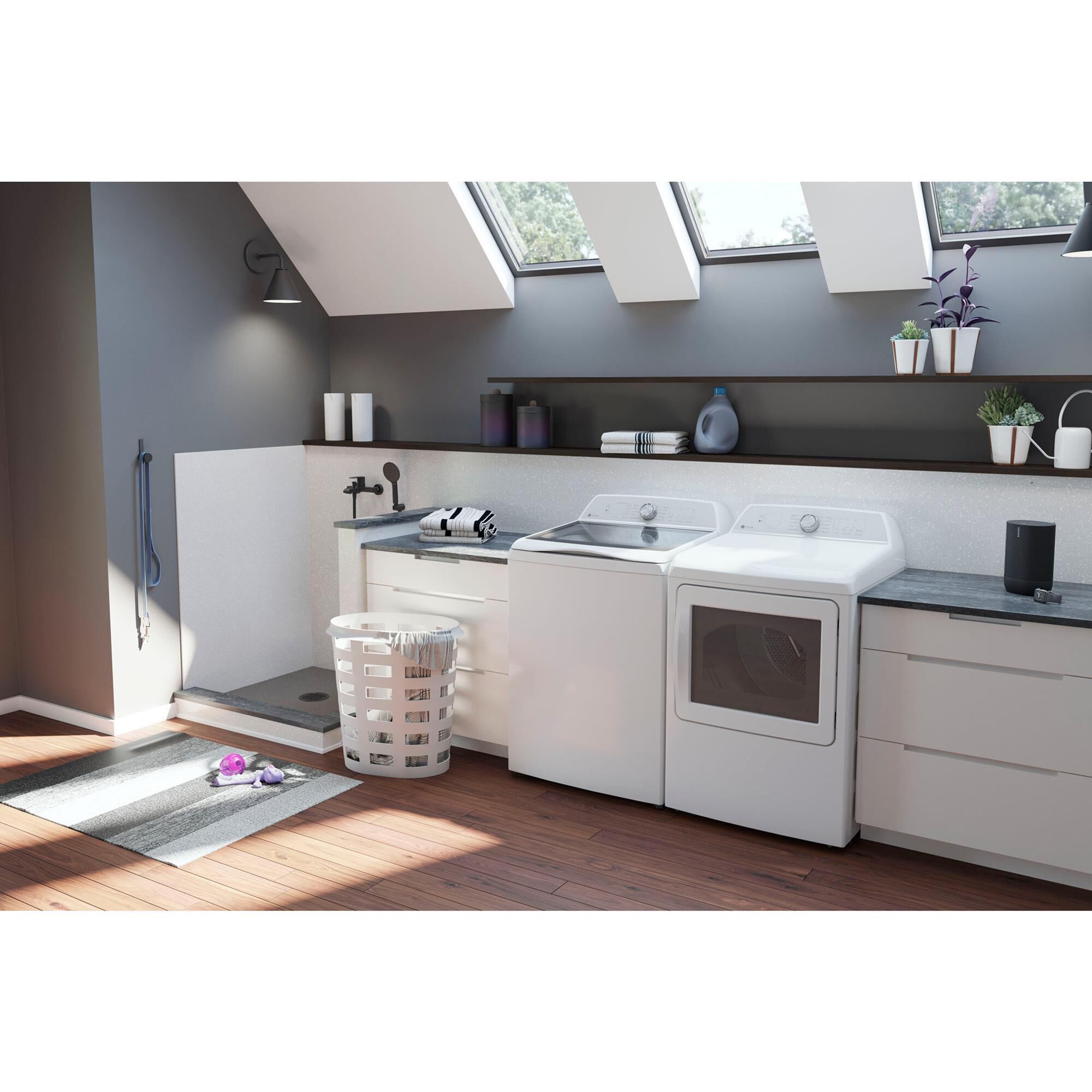 GE Profile 5 Cu. Ft. Top Load Impeller Washer and 7.4 Cu. Ft. Gas Dryer Laundry Pair in White, , large
