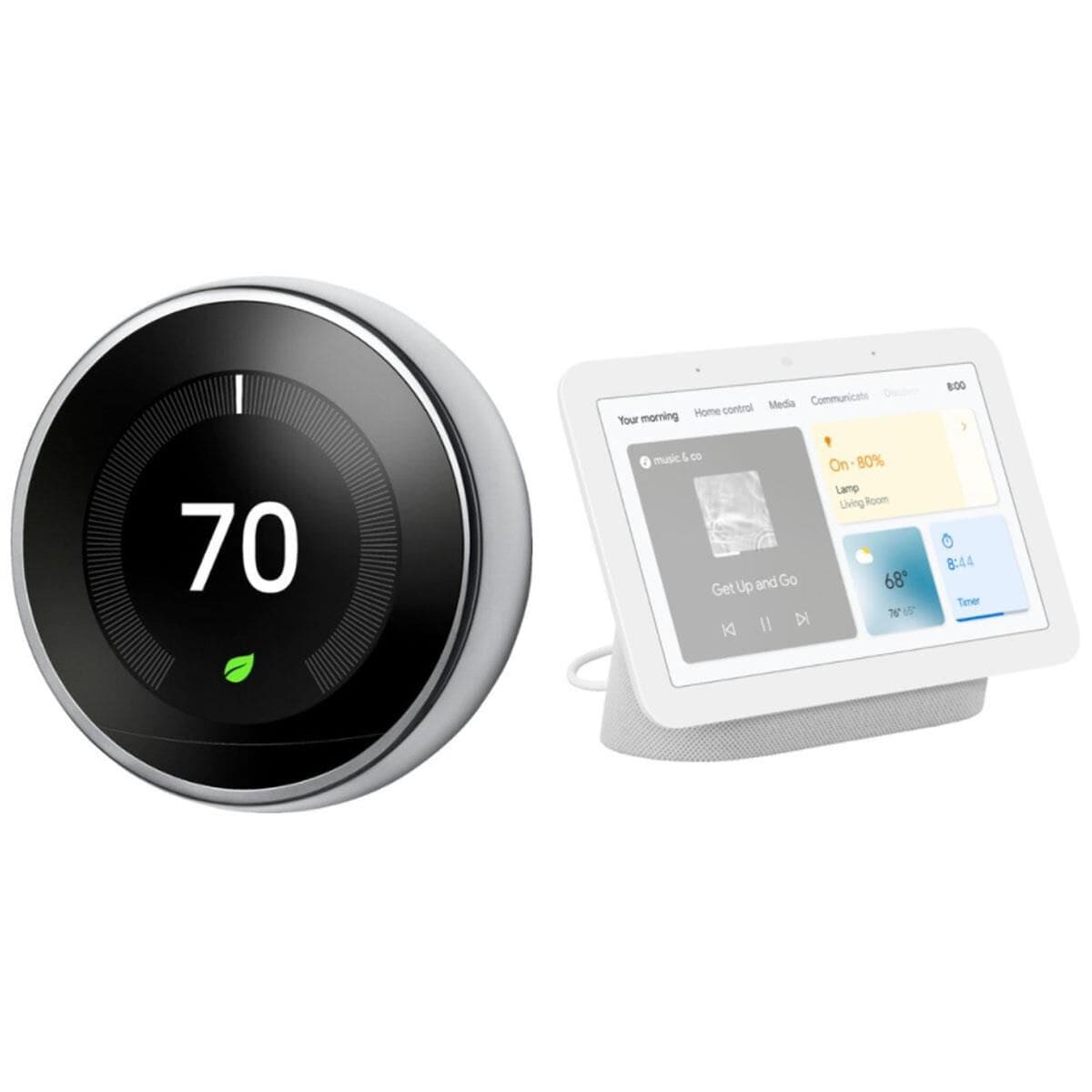 Google Nest Hub (2nd Generation) - Chalk with Nest Learning Thermostat in Polished Steel, , large