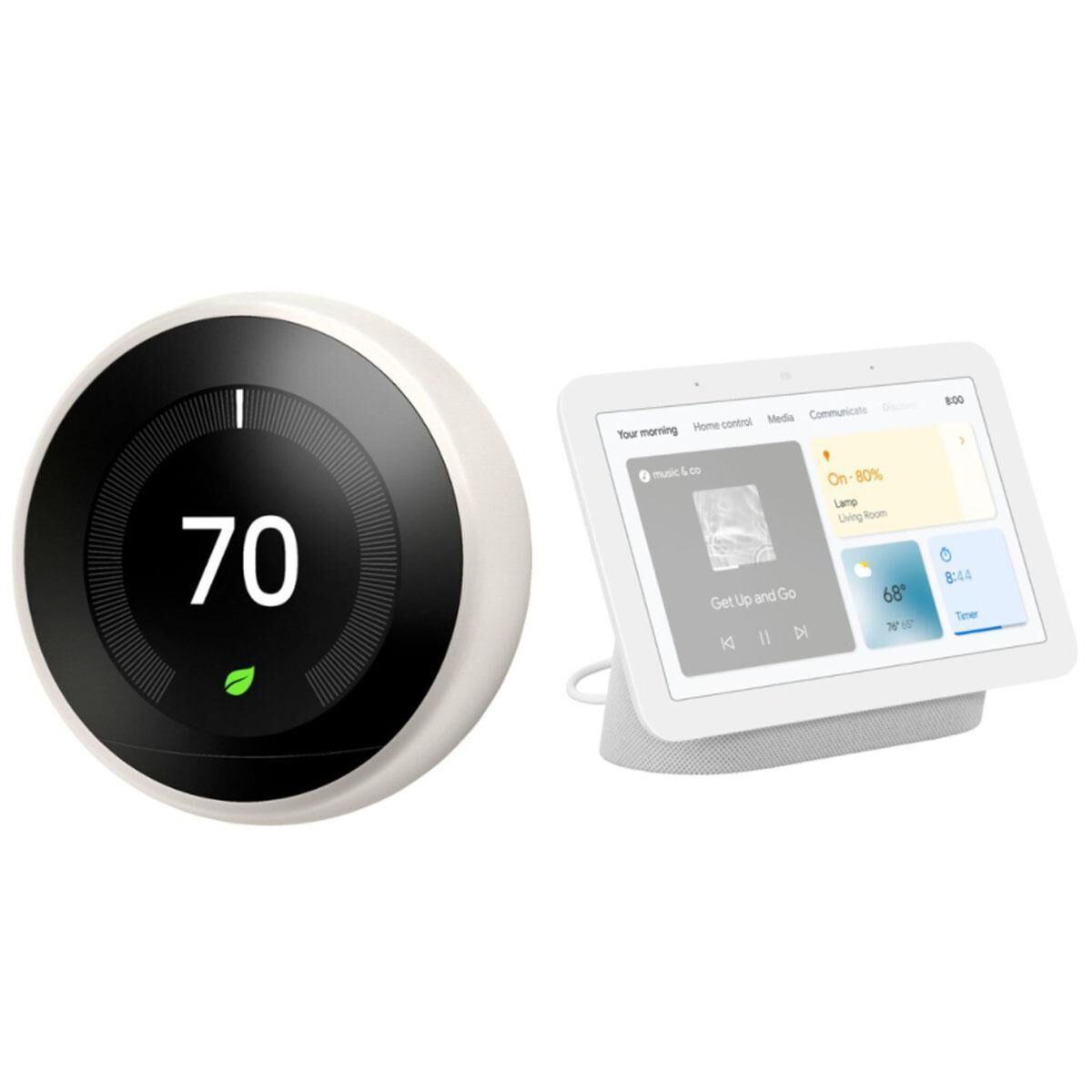 Google Nest Hub (2nd Generation) - Chalk with Nest Learning Thermostat in White, , large