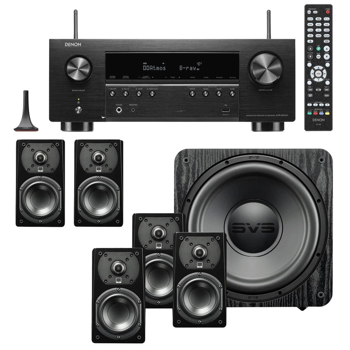 SVS Prime Satellite 5.1 System in Black Ash + Denon 90W 7.2-Channel AV Receiver in Black - Home Theater Package, , large