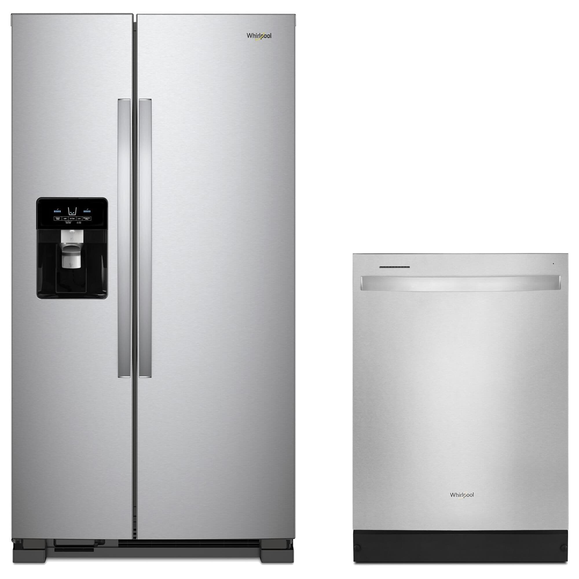 Whirlpool 2 Piece Kitchen Package with 25 Cu. Ft. Side-by-Side Refrigerator and 24-Inch Built-In Dishwasher in Fingerprint Resistant Stainless Steel