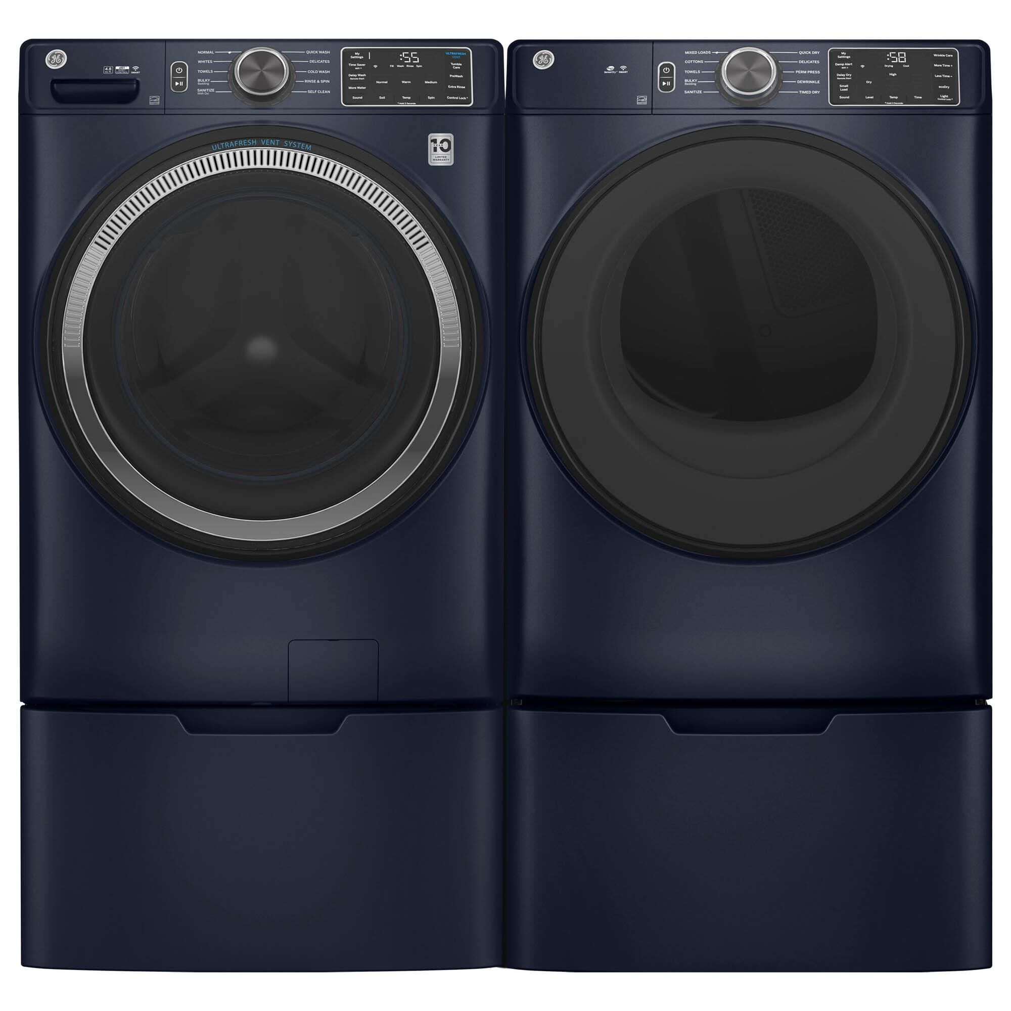 GE Appliances 4.8 Cu. Ft. Smart Front Load Washer and 7.8 Cu. Ft. Electric Dryer Laundry Pair with Pedestal in Sapphire Blue, , large