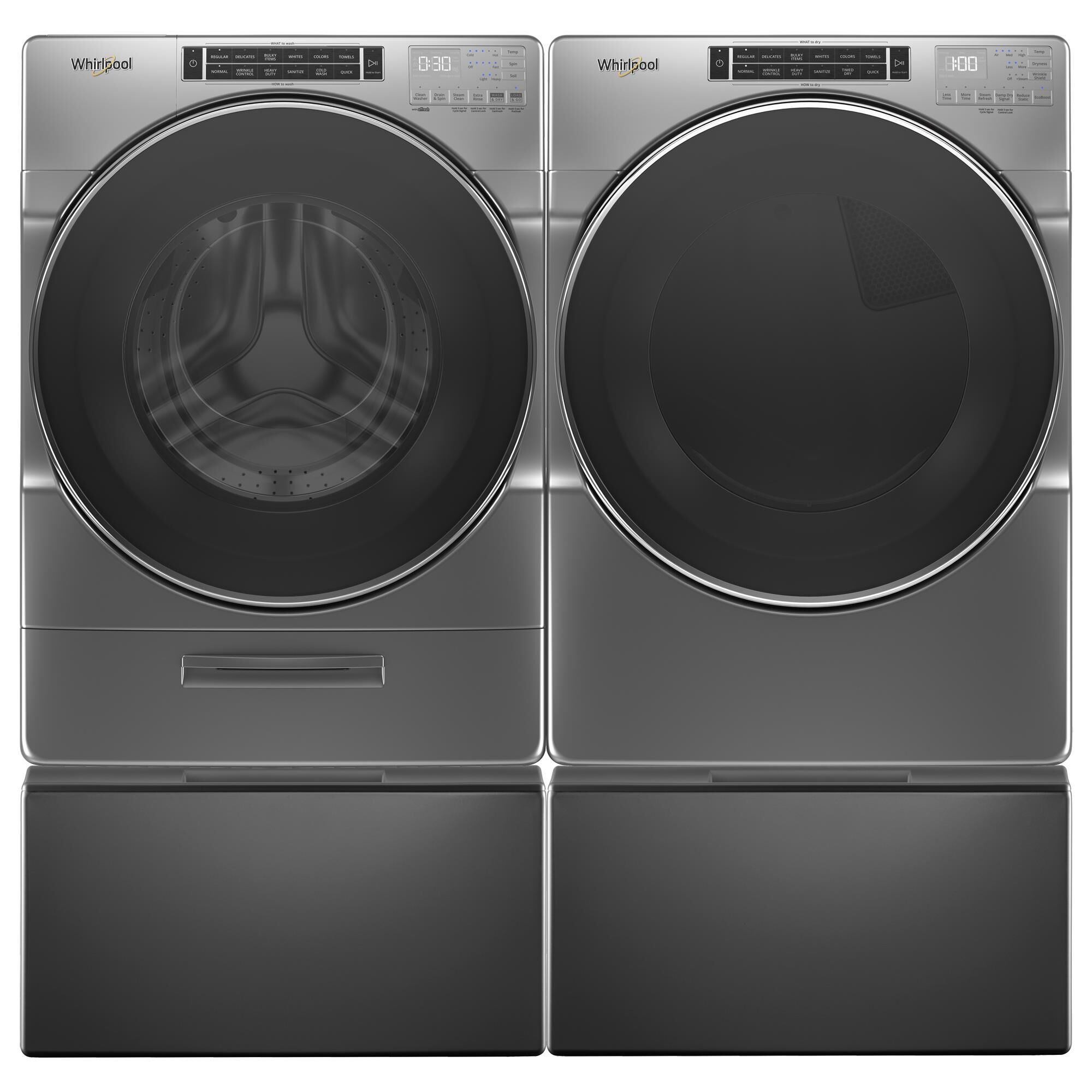 Whirlpool 5.0 Cu. Ft. Front Load Washer and 7.4 Cu. Ft. Gas Dryer Laundry Pair with Pedestals in Chrome Shadow
