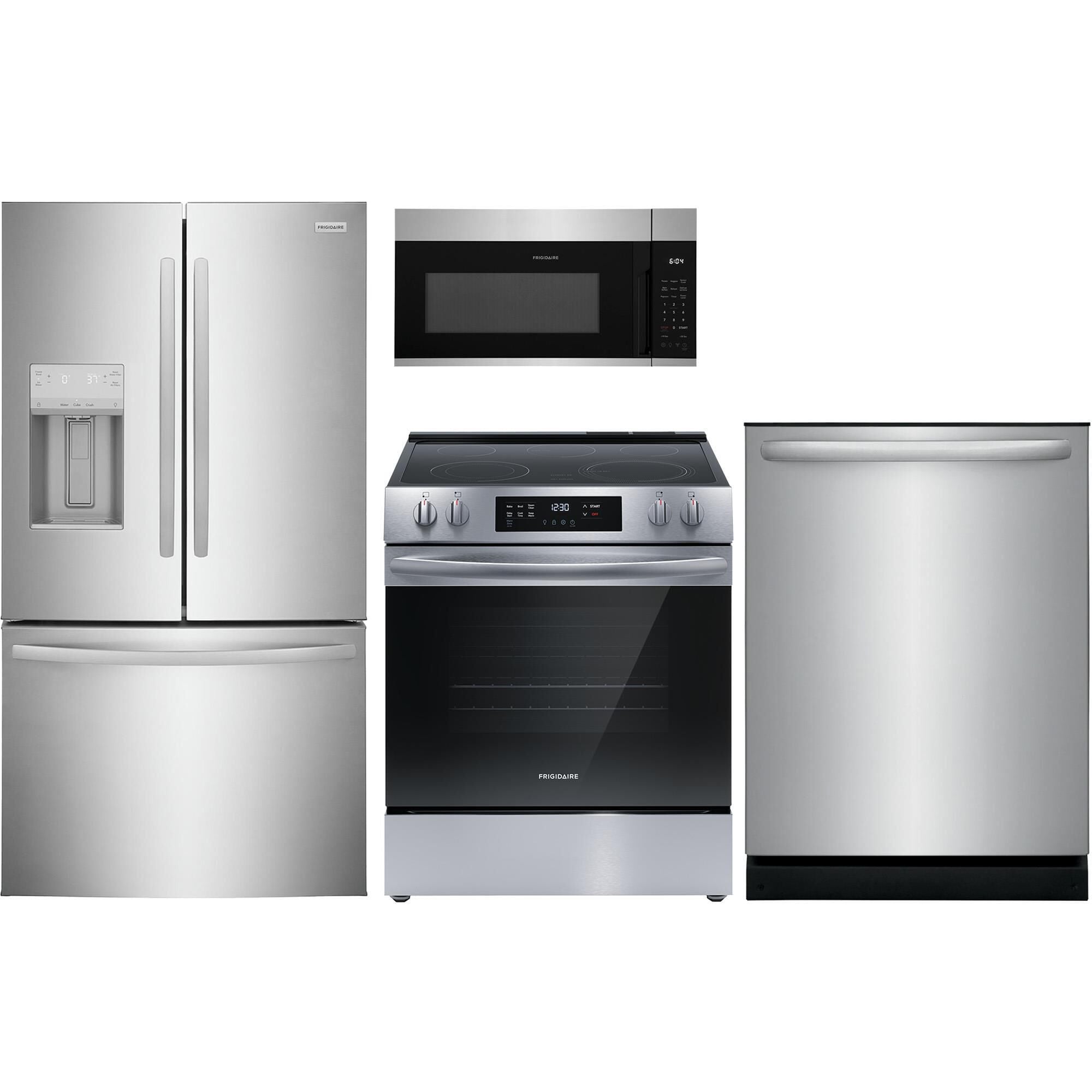 Frigidaire 4PC Kitchen Package with 7.8 Cu. Ft. Freestanding French Door Refrigerator, 30" Front Control Electric Range, 1.8 Cu. Ft. OTR Microwave, and 24" Built-In Dishwasher with DishSense in Stainless Steel