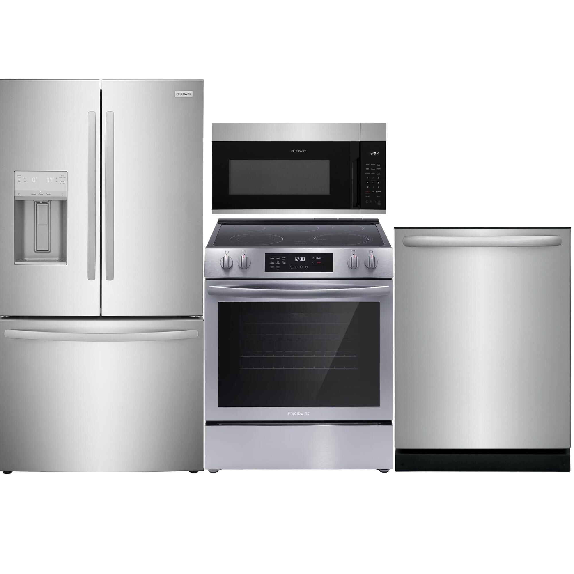 Frigidaire 4 PC Kitchen Package with 22.6 Cu. Ft. Counter-Depth French Door Refrigerator, 30" Front Control Electric Range Ceramic with Top Convection, 1.8 Cu. Ft. OTR Microwave, and 24" Built-In Dishwasher with DishSense and MaxDry