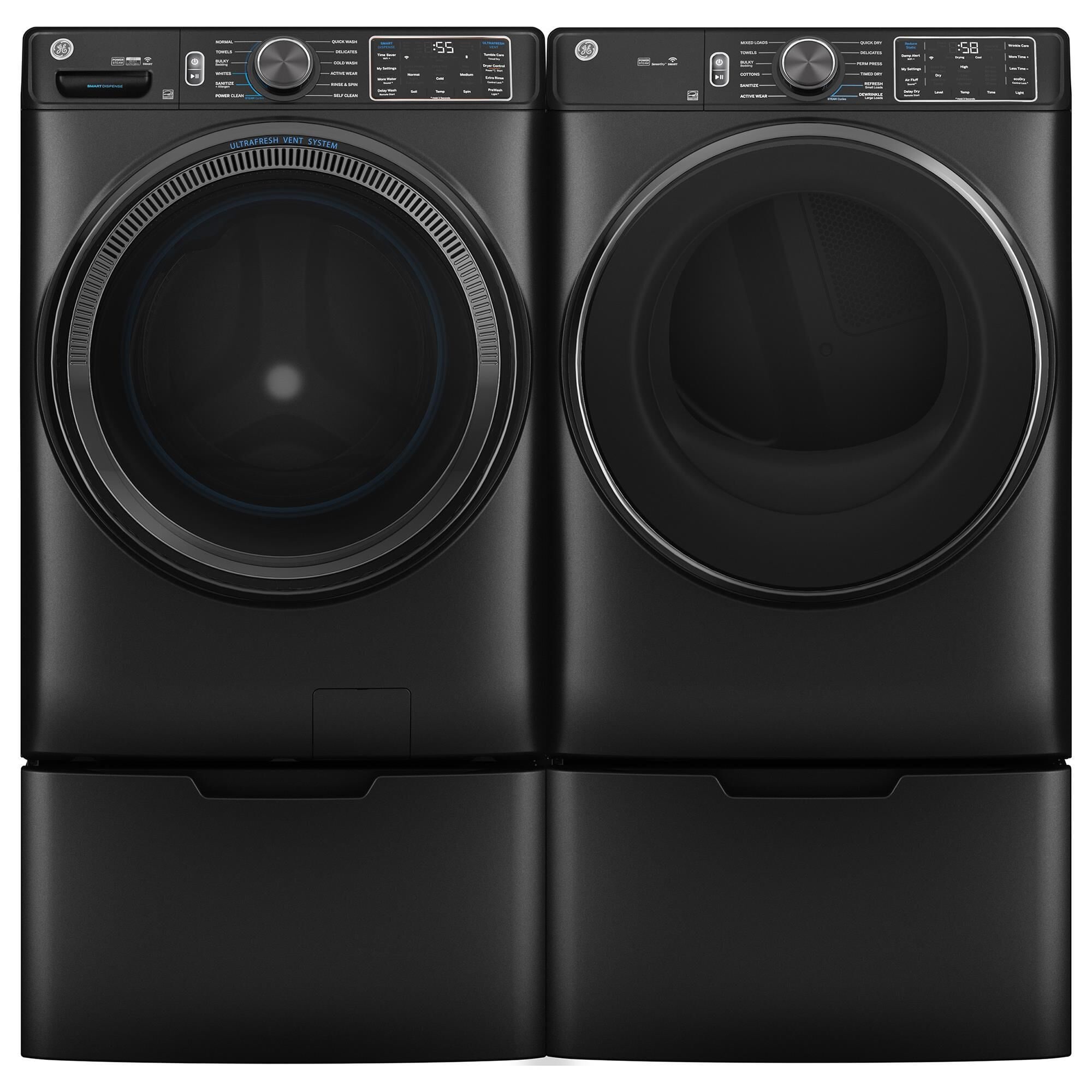 GE Appliances 5 Cu. Ft. Front Load Washer and 7.8 Cu. Ft. Electric Dryer Laundry Pair with 16" Pedestal in Carbon Graphite, , large