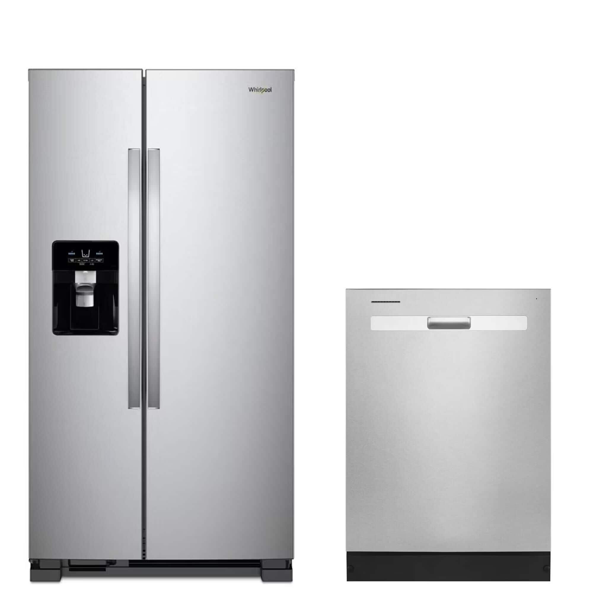 Whirlpool 2-Piece Kitchen Package with 24.6 Cu. Ft. Side-by-Side Refrigerator and 24" Pocket Handle Dishwasher in Stainless Steel 