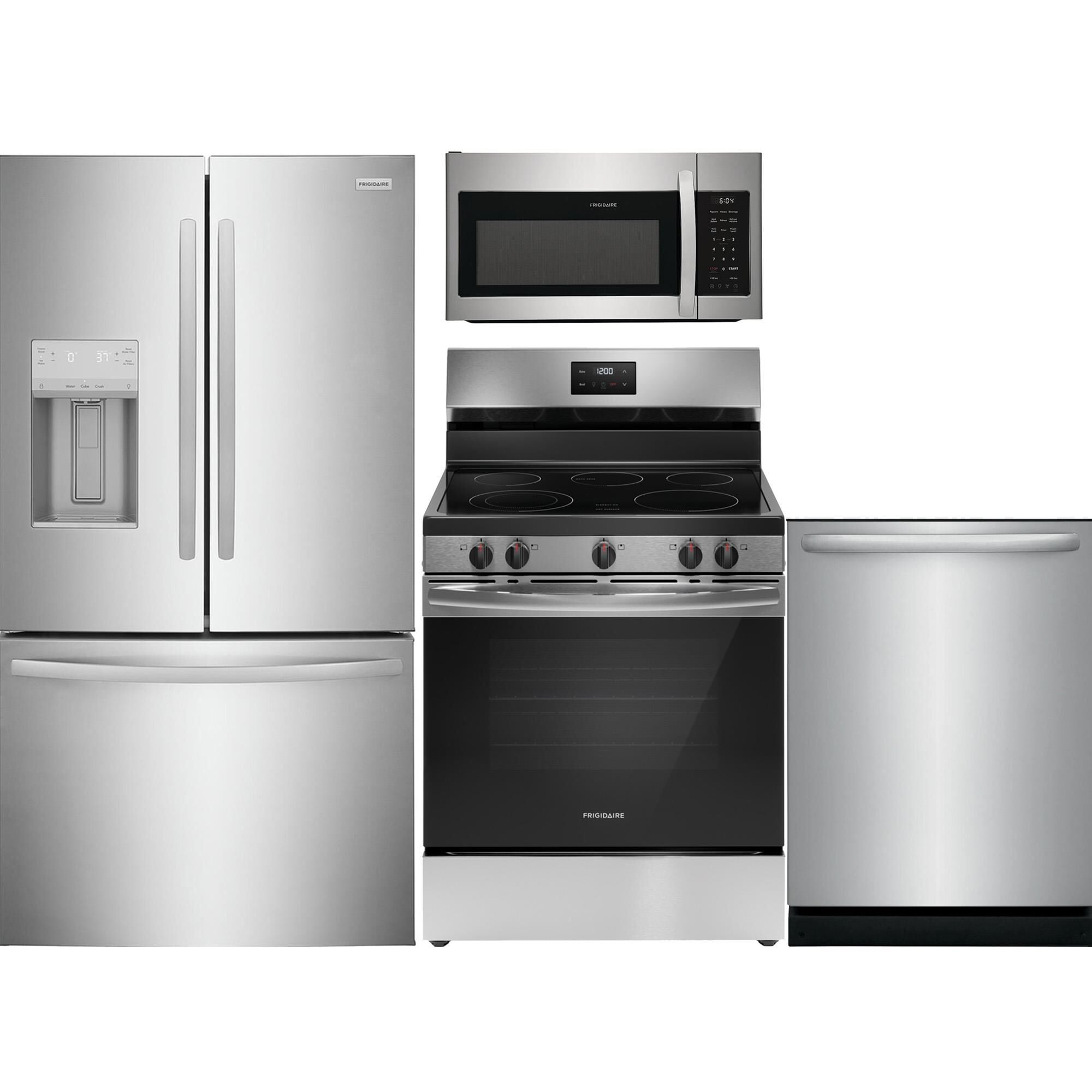 Frigidaire 4 PC Kitchen Package with 27.8 Cu. Ft. Freestanding French Door Refrigerator, 30" Freestanding Electric Range, 1.8 Cu. Ft. OTR Microwave, and 24" Built-In Dishwasher with DishSense and MaxDry, , large