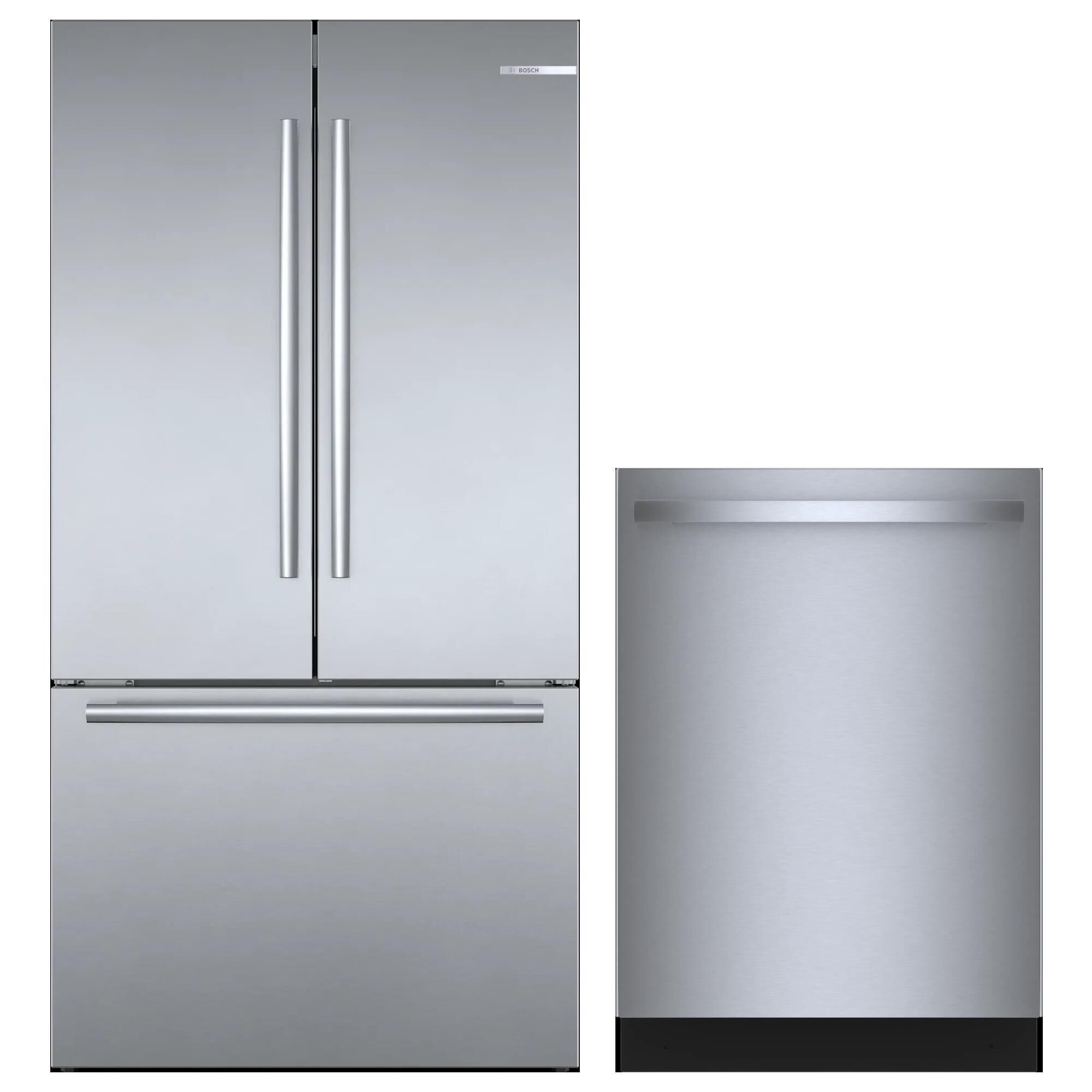 bosch 2-Piece Kitchen Package with 20.8 Cu. Ft. 3-Door French Door Refrigerator and Bar Handle Dishwasher in Stainless Steel, , large