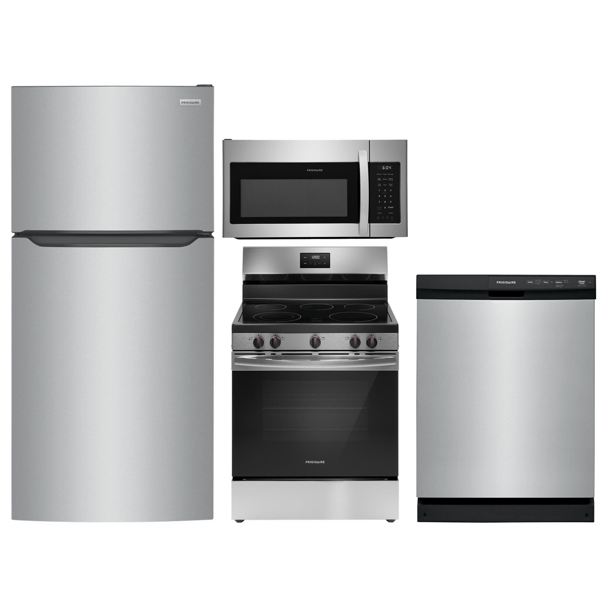 Frigidaire 4 Piece Kitchen Package with 18.3 Cu. Ft. Top Freezer Refrigerator, 30" Freestanding Electric Range, 1.8 Cu. Ft. OTR Microwave, and 24" Energy Star Built-In Dishwasher in Stainless Steel