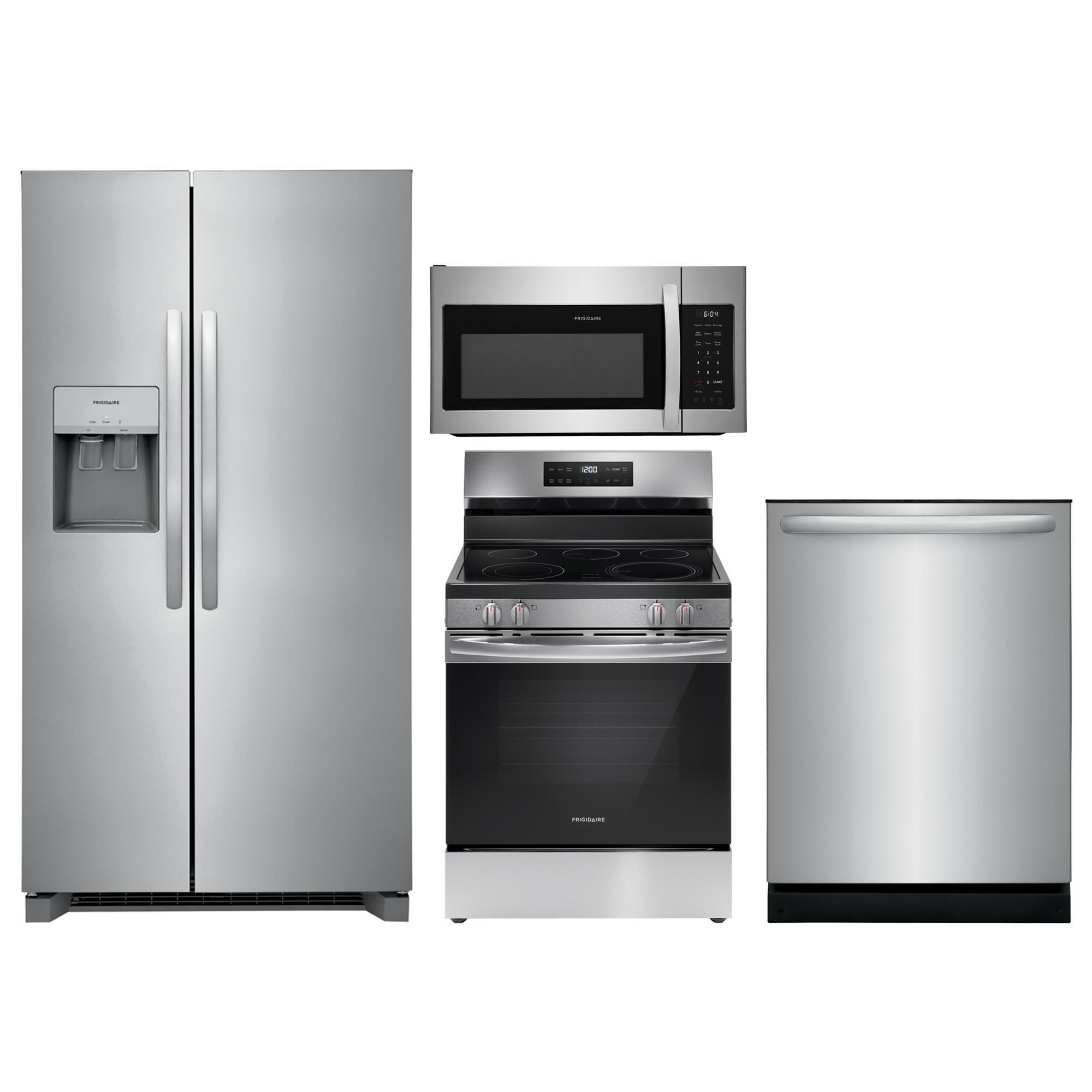 Frigidaire 4 Piece Kitchen Package with 25.6 Cu. Ft. Standard Depth Side-by-Side Refrigerator, 5.3 Cu. Ft. Electric Range with Steam Clean, 1.8 Cu. Ft. OTR Microwave, and 24" Built-In Dishwasher with DishSense and MaxDry in Stainless Steel, , large