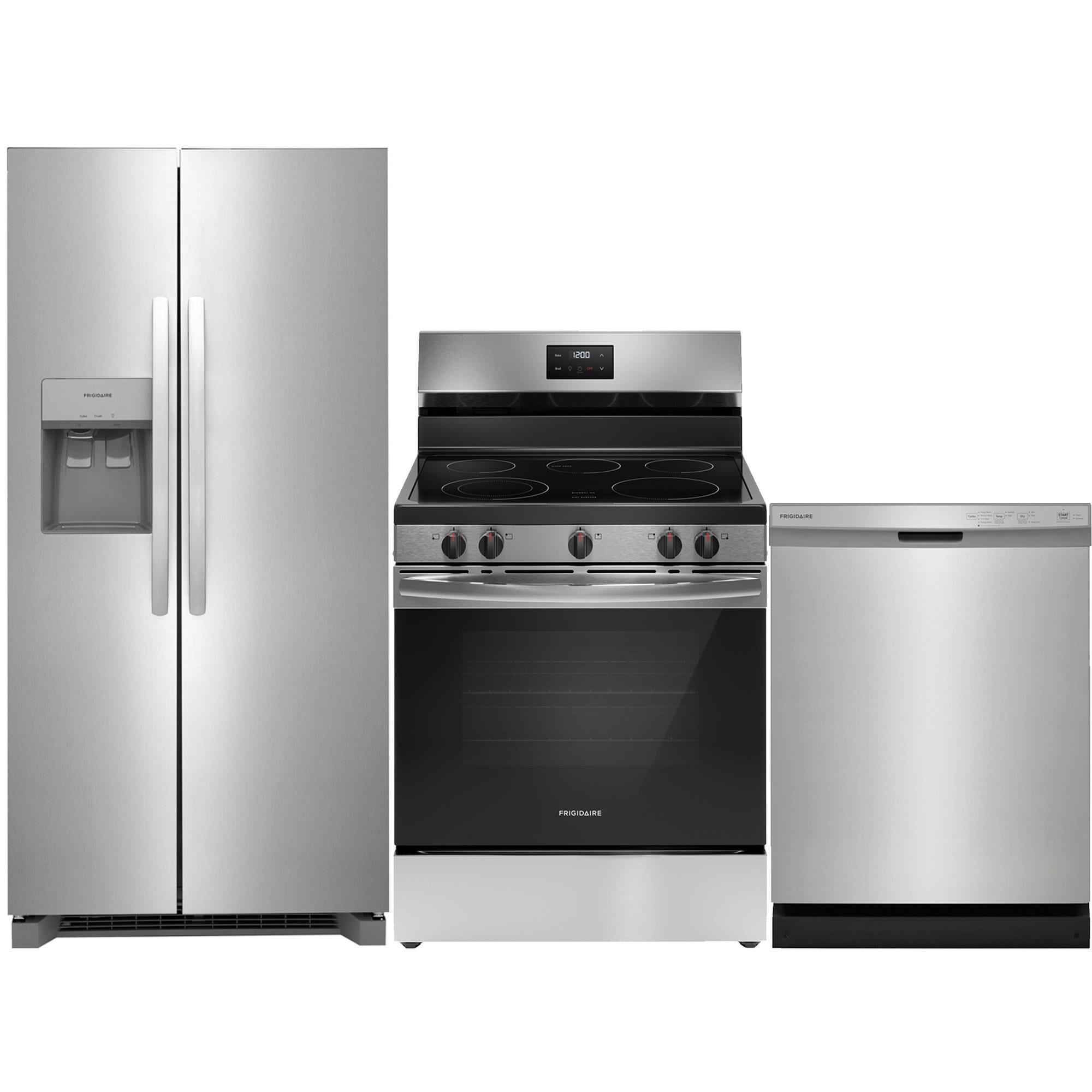 Frigidaire 3 Piece Kitchen Package with 22.3 Cu. Ft.  33" Standard Depth Side by Side Refrigerator, 30" Freestanding Electric Range, and 24" Built-In Dishwasher with MaxDry in Stainless Steel