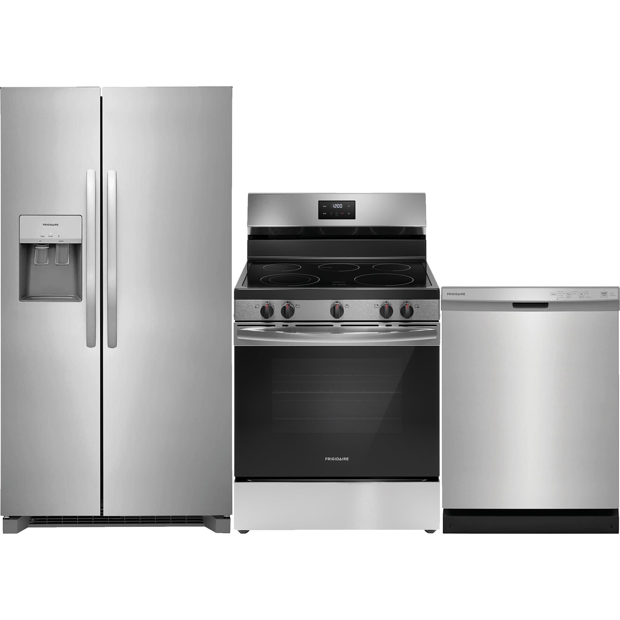 Frigidaire 3 Piece Kitchen Set with 36-inch Standard Depth Side-by-Side Refrigerator, 30-inch Electric Range, and 24-inch Built-In Dishwasher in Stainless Steel