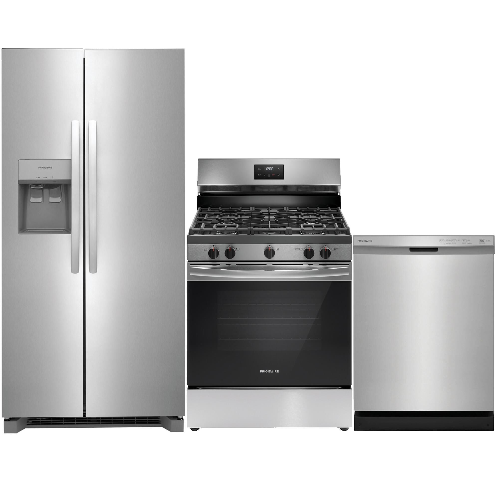 Frigidaire 3 Piece Kitchen Package with 22.3 Cu. Ft.  33" Standard Depth Side by Side Refrigerator, 30" Freestanding Gas Range with Quick Boil Burner, and 24" Built-In Dishwasher with MaxDry in Stainless Steel