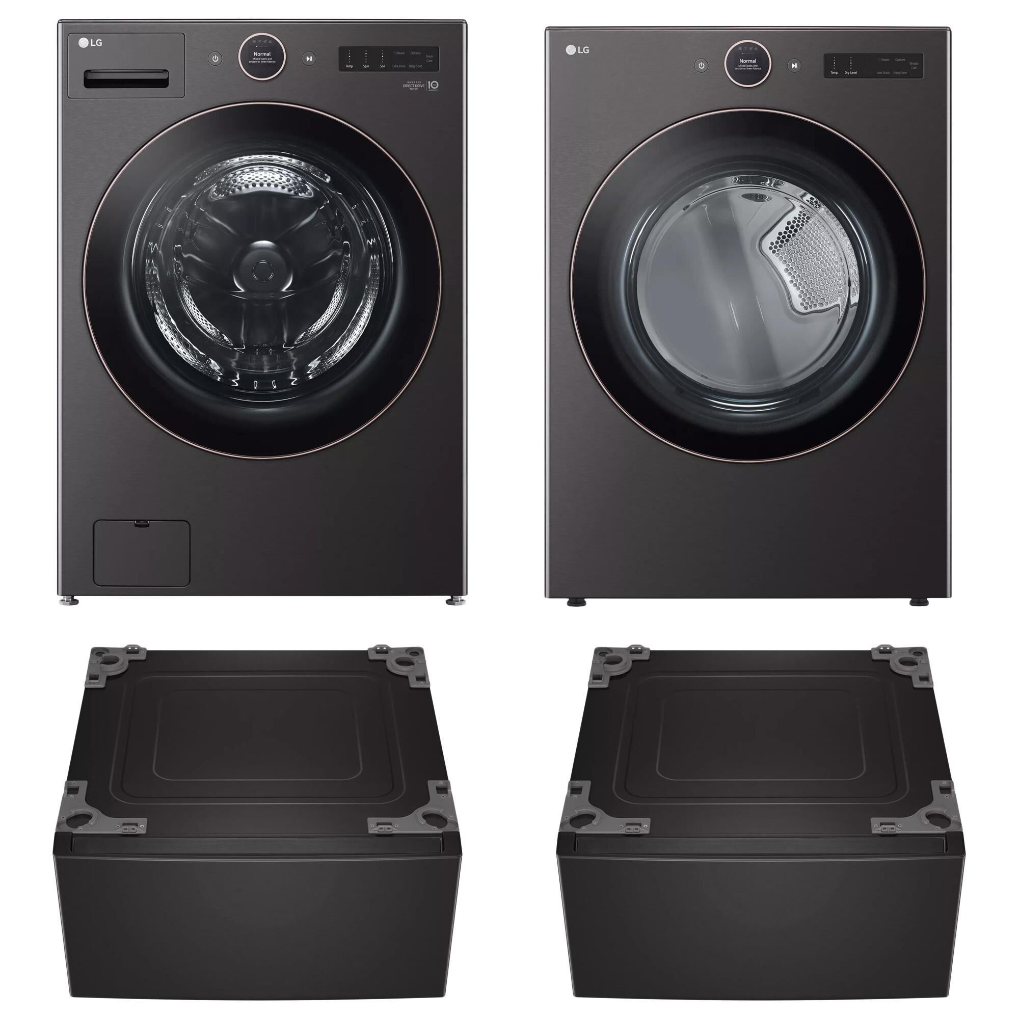 LG 5 Cu. Ft. Front Load Washer and 7.4 Cu.Ft. Gas Dryer Laundry Pair with Pedestal in Black Steel, , large