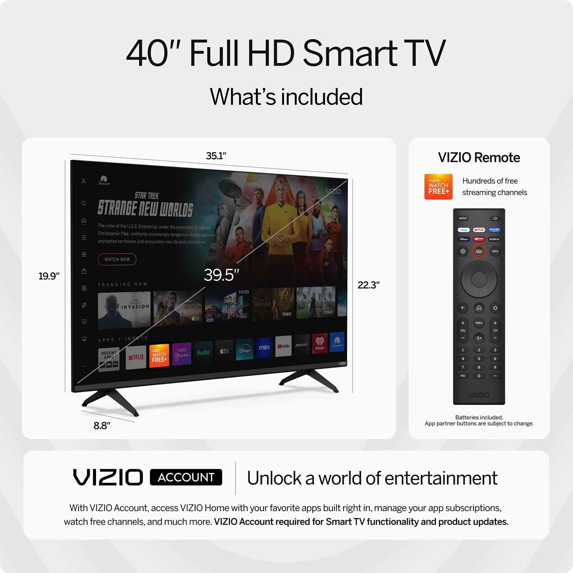 VIZIO 40" Class Full HD LED - Smart TV with 2.0 Soundbar in Black, , large