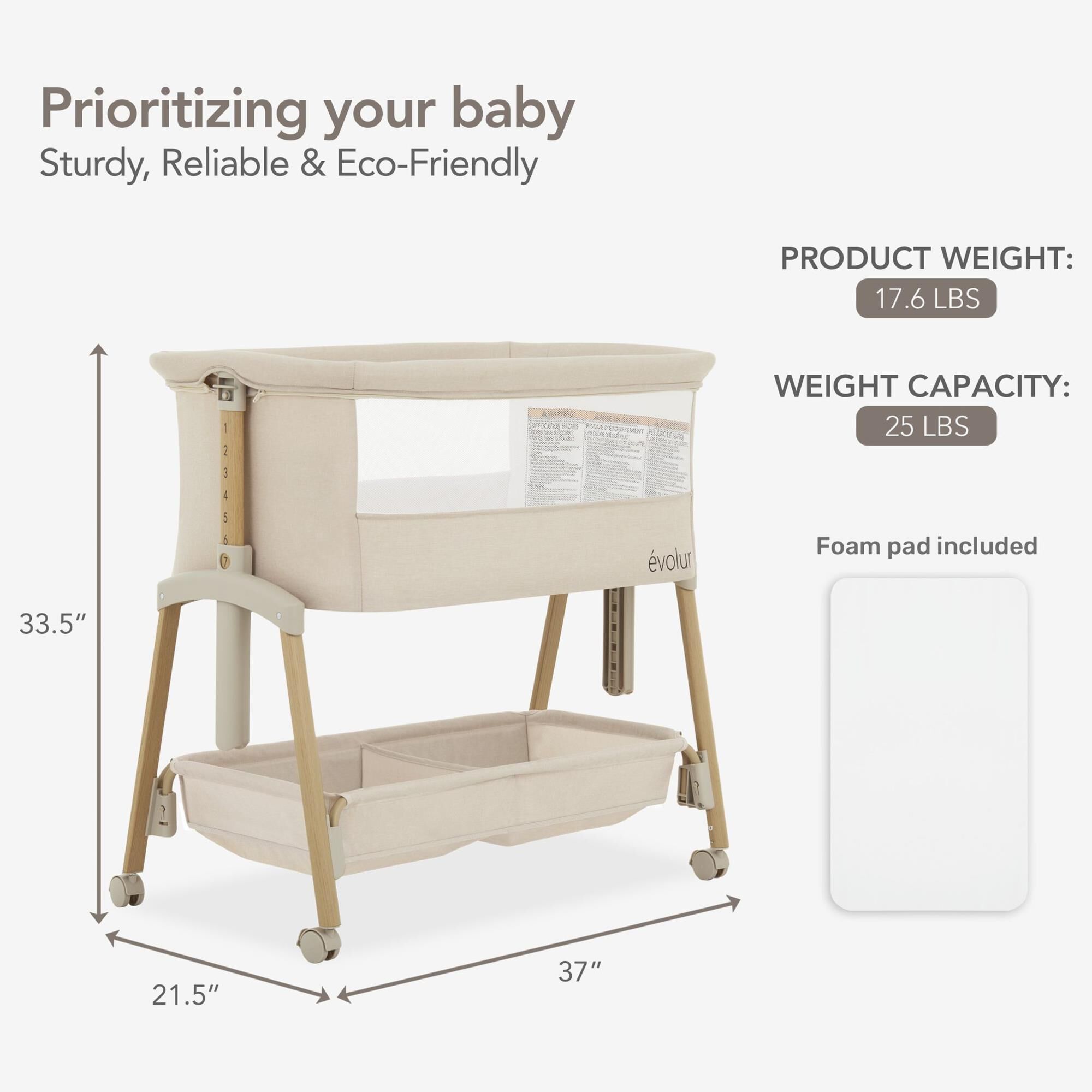 Evolur Lullaby Portable Bassinet in Light Grey, , large