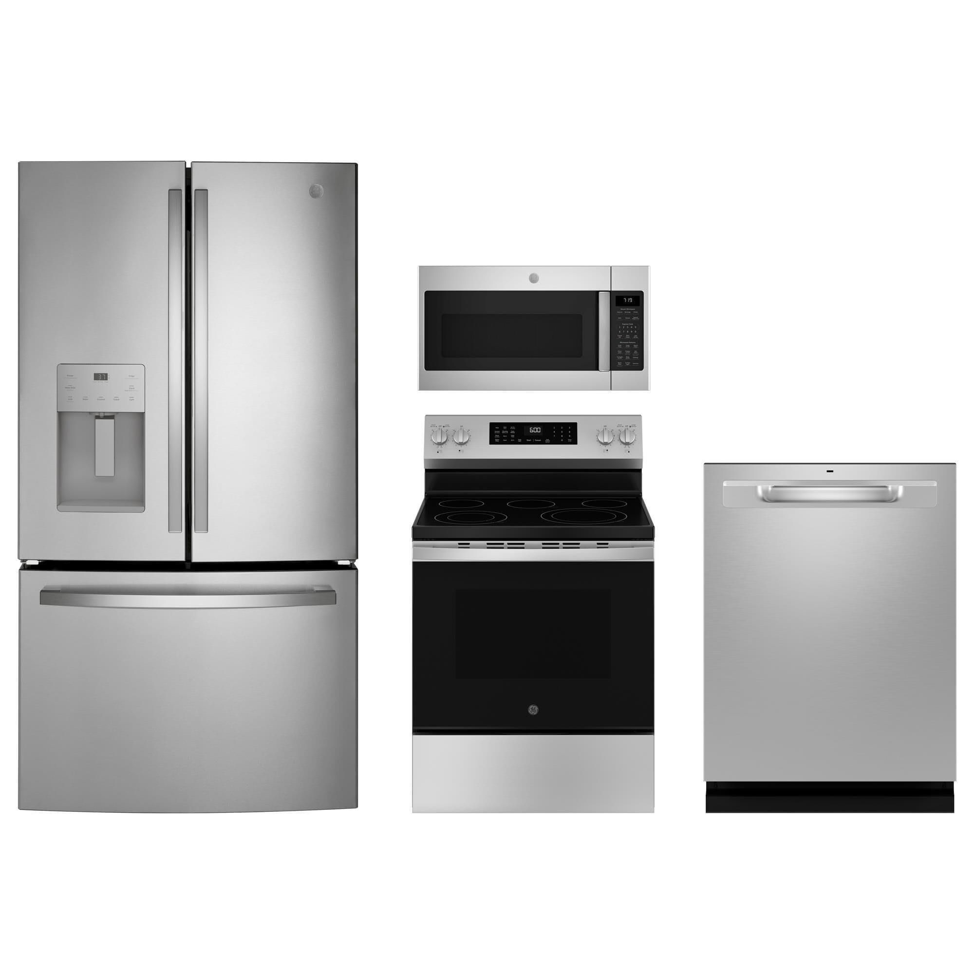 GE Appliances 4-Piece Kitchen Package with 25.7 Cu. Ft. French Door Refrigerator and 30" Freestanding Electric Range in Stainless Steel