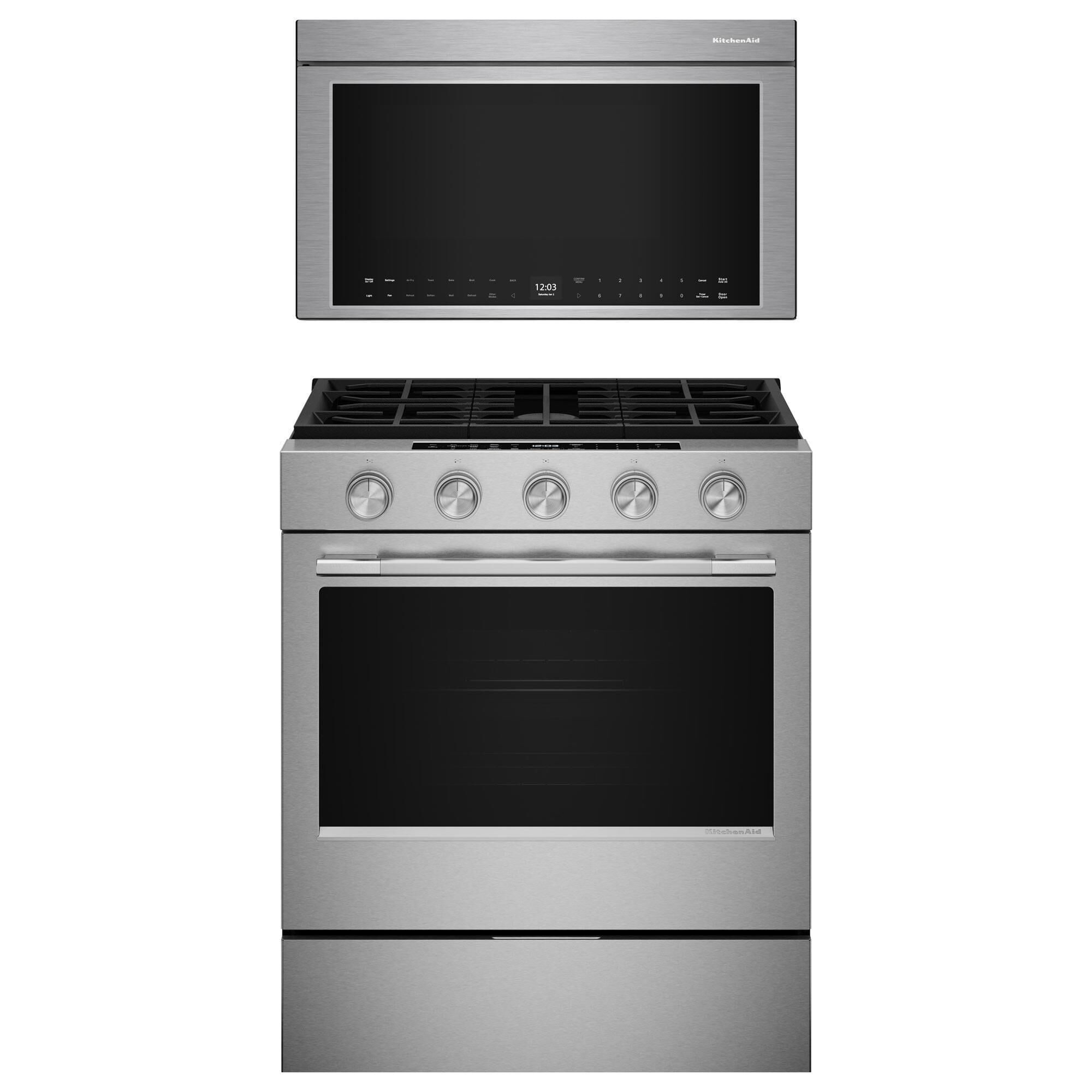 KitchenAid 2-Piece Kitchen Package with 5 Cu. Ft. Smart Slide-in Gas Range and 1.1 Cu. Ft. Multifunction Over-the-Range Microwave Oven in PrintShield Stainless Steel