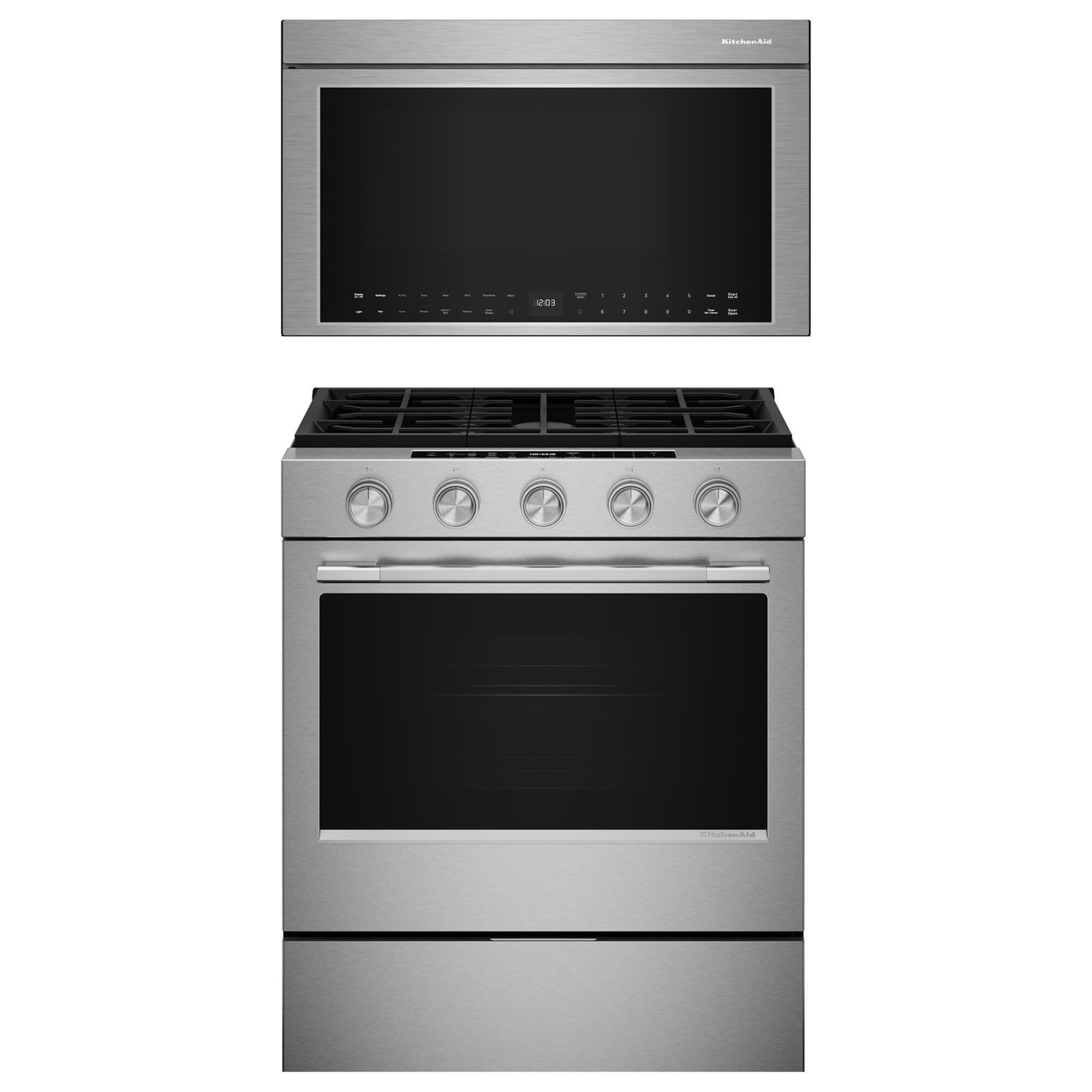 KitchenAid 2-Piece Kitchen Package with 30" Slide-In Smart Gas Range and 30" Over-the-Range Microwave Oven in PrintShield Stainless Steel