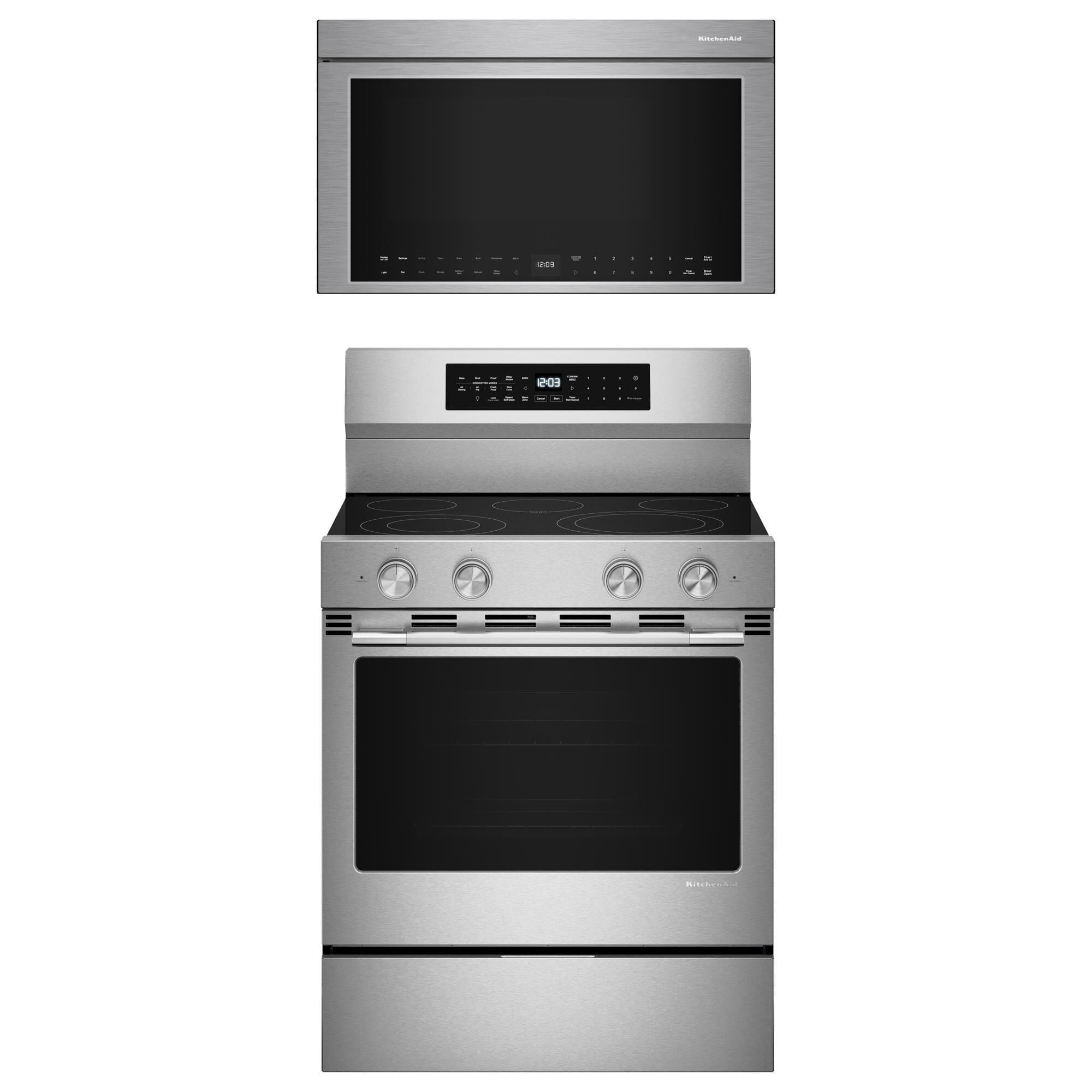 KitchenAid 2-Piece Kitchen Package with 30" Smart Freestanding Electric Range and 30" Over-the-Range Microwave Oven in PrintShield Stainless Steel