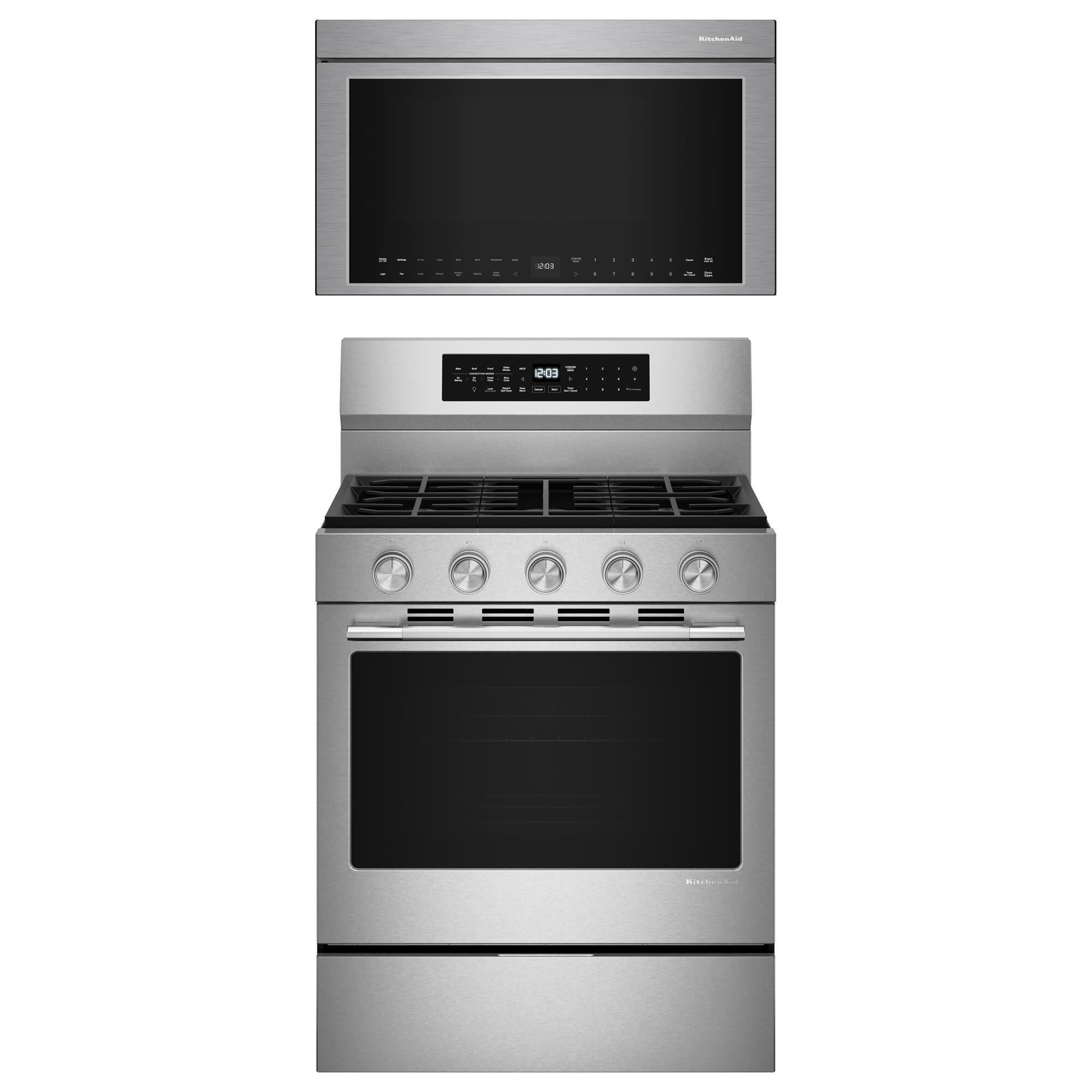 KitchenAid 2-Piece Kitchen Package with 30" Smart Freestanding Gas Range and 30" Over-the-Range Microwave Oven in PrintShield Stainless Steel