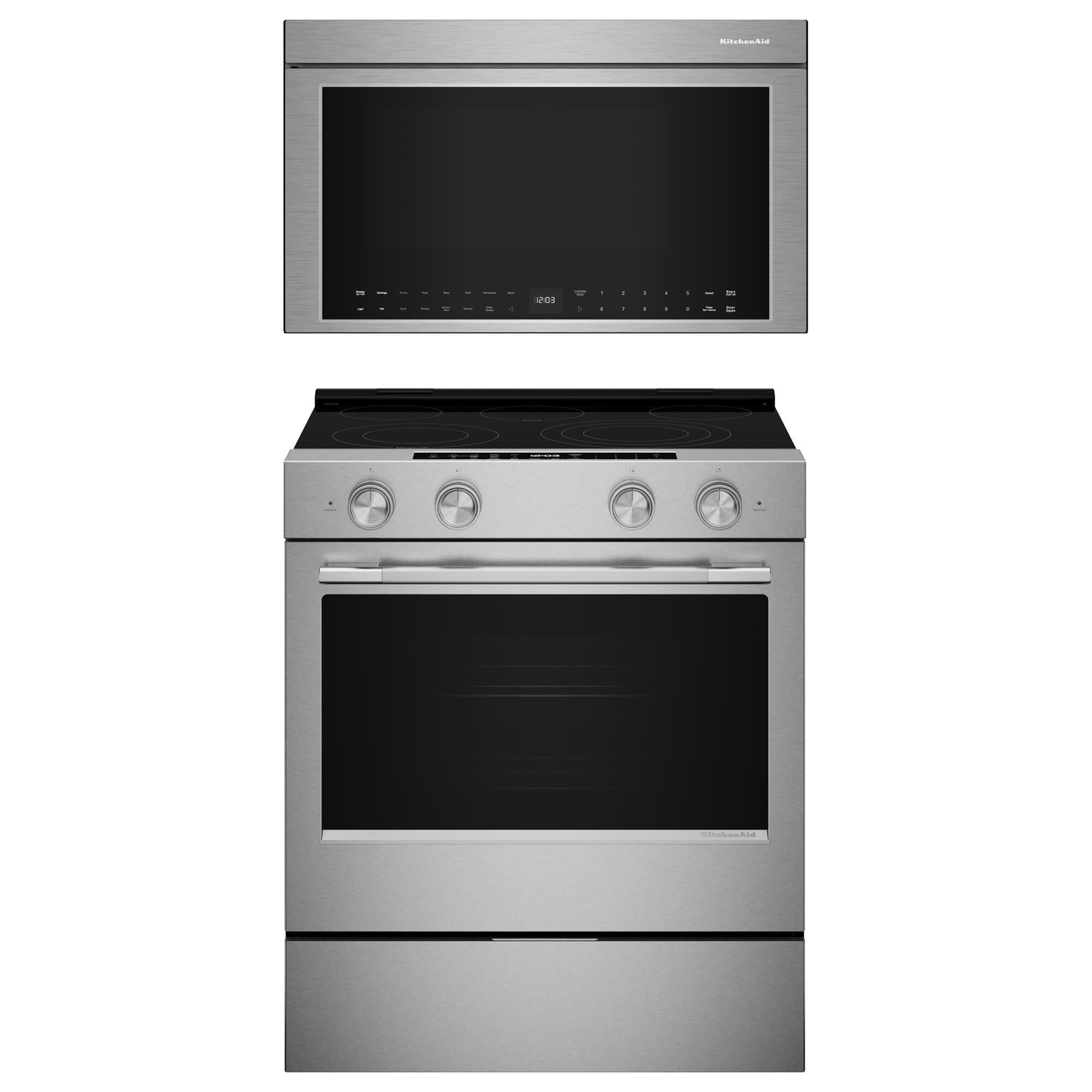 KitchenAid 2-Piece Kitchen Package with 30" Slide-In Smart Electric Range and 30" Over-the-Range Microwave Oven in PrintShield Stainless Steel